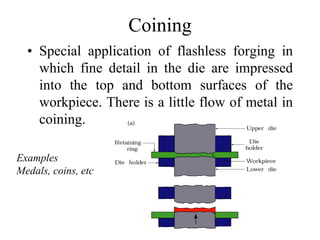 Coining
• Special application of flashless forging in
which fine detail in the die are impressed
into the top and bottom surfaces of the
workpiece. There is a little flow of metal in
coining.
Examples
Medals, coins, etc
 