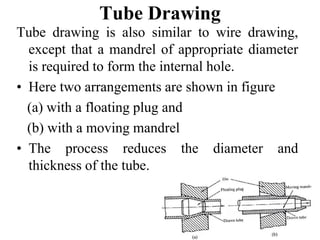 Tube Drawing
Tube drawing is also similar to wire drawing,
except that a mandrel of appropriate diameter
is required to form the internal hole.
• Here two arrangements are shown in figure
(a) with a floating plug and
(b) with a moving mandrel
• The process reduces the diameter and
thickness of the tube.
 