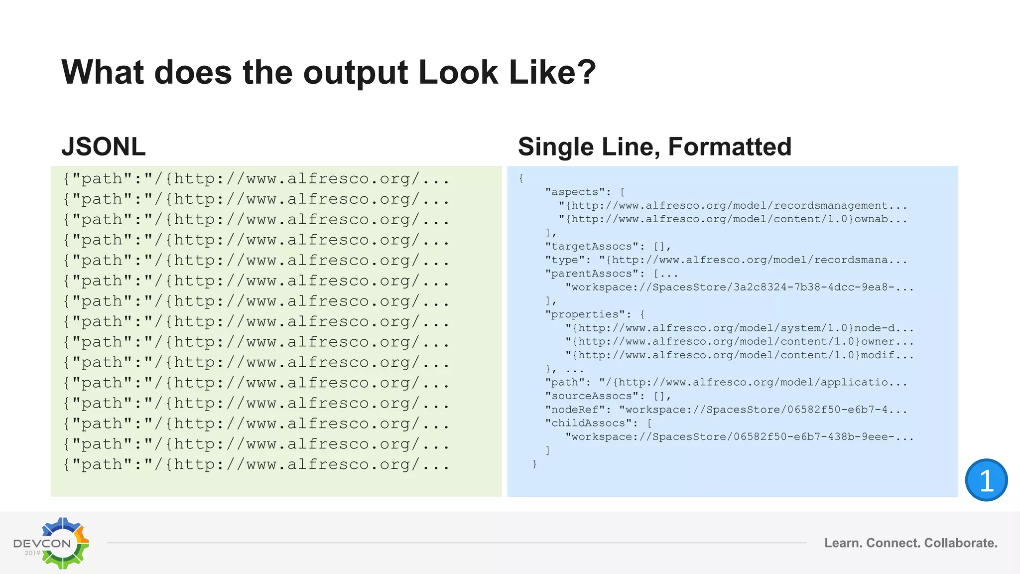 Learn. Connect. Collaborate.
What does the output Look Like?
JSONL
{"path":"/{http://www.alfresco.org/...
{"path":"/{http://www.alfresco.org/...
{"path":"/{http://www.alfresco.org/...
{"path":"/{http://www.alfresco.org/...
{"path":"/{http://www.alfresco.org/...
{"path":"/{http://www.alfresco.org/...
{"path":"/{http://www.alfresco.org/...
{"path":"/{http://www.alfresco.org/...
{"path":"/{http://www.alfresco.org/...
{"path":"/{http://www.alfresco.org/...
{"path":"/{http://www.alfresco.org/...
{"path":"/{http://www.alfresco.org/...
{"path":"/{http://www.alfresco.org/...
{"path":"/{http://www.alfresco.org/...
{"path":"/{http://www.alfresco.org/...
Single Line, Formatted
{
"aspects": [
"{http://www.alfresco.org/model/recordsmanagement...
"{http://www.alfresco.org/model/content/1.0}ownab...
],
"targetAssocs": [],
"type": "{http://www.alfresco.org/model/recordsmana...
"parentAssocs": [...
"workspace://SpacesStore/3a2c8324-7b38-4dcc-9ea8-...
],
"properties": {
"{http://www.alfresco.org/model/system/1.0}node-d...
"{http://www.alfresco.org/model/content/1.0}owner...
"{http://www.alfresco.org/model/content/1.0}modif...
}, ...
"path": "/{http://www.alfresco.org/model/applicatio...
"sourceAssocs": [],
"nodeRef": "workspace://SpacesStore/06582f50-e6b7-4...
"childAssocs": [
"workspace://SpacesStore/06582f50-e6b7-438b-9eee-...
]
}
1
 