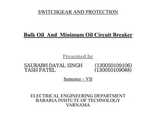 Bulk Oil And Minimum Oil Circuit Breaker
Presented by
SAURABH DAYAL SINGH (130050109106)
YASH PATEL (130050109088)
Semester – VII
ELECTRICAL ENGINEERING DEPARTMENT
BABARIA INSITUTE OF TECHNOLOGY
VARNAMA
SWITCHGEAR AND PROTECTION
 