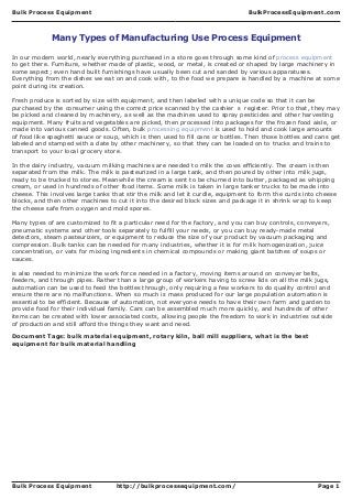 Bulk Process Equipment

BulkProcessEquipment.com

Many Types of Manufacturing Use Process Equipment
In our modern world, nearly everything purchased in a store goes through some kind of process equipment
to get there. Furniture, whether made of plastic, wood, or metal, is created or shaped by large machinery in
some aspect; even hand built furnishings have usually been cut and sanded by various apparatuses.
Everything from the dishes we eat on and cook with, to the food we prepare is handled by a machine at some
point during its creation.
Fresh produce is sorted by size with equipment, and then labeled with a unique code so that it can be
purchased by the consumer using the correct price scanned by the cashier?s register. Prior to that, they may
be picked and cleaned by machinery, as well as the machines used to spray pesticides and other harvesting
equipment. Many fruits and vegetables are picked, then processed into packages for the frozen food aisle, or
made into various canned goods. Often, bulk processing equipment is used to hold and cook large amounts
of food like spaghetti sauce or soup, which is then used to fill cans or bottles. Then those bottles and cans get
labeled and stamped with a date by other machinery, so that they can be loaded on to trucks and trains to
transport to your local grocery store.
In the dairy industry, vacuum milking machines are needed to milk the cows efficiently. The cream is then
separated from the milk. The milk is pasteurized in a large tank, and then poured by other into milk jugs,
ready to be trucked to stores. Meanwhile the cream is sent to be churned into butter, packaged as whipping
cream, or used in hundreds of other food items. Some milk is taken in large tanker trucks to be made into
cheese. This involves large tanks that stir the milk and let it curdle, equipment to form the curds into cheese
blocks, and then other machines to cut it into the desired block sizes and package it in shrink wrap to keep
the cheese safe from oxygen and mold spores.
Many types of are customized to fit a particular need for the factory, and you can buy controls, conveyers,
pneumatic systems and other tools separately to fulfill your needs, or you can buy ready-made metal
detectors, steam pasteurizers, or equipment to reduce the size of your product by vacuum packaging and
compression. Bulk tanks can be needed for many industries, whether it is for milk homogenization, juice
concentration, or vats for mixing ingredients in chemical compounds or making giant batches of soups or
sauces.
is also needed to minimize the work force needed in a factory, moving items around on conveyer belts,
feeders, and through pipes. Rather than a large group of workers having to screw lids on all the milk jugs,
automation can be used to feed the bottles through, only requiring a few workers to do quality control and
ensure there are no malfunctions. When so much is mass produced for our large population automation is
essential to be efficient. Because of automation, not everyone needs to have their own farm and garden to
provide food for their individual family. Cars can be assembled much more quickly, and hundreds of other
items can be created with lower associated costs, allowing people the freedom to work in industries outside
of production and still afford the things they want and need.
Document Tags: bulk material equipment, rotary kiln, ball mill suppliers, what is the best
equipment for bulk material handling

Bulk Process Equipment

http://bulkprocessequipment.com/

Page 1

 