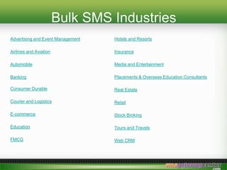 Bulk SMS Industries
Advertising and Event Management
Airlines and Aviation
Automobile
Banking
Consumer Durable
Courier and Logistics
E-commerce
Education
FMCG
Hotels and Resorts
Insurance
Media and Entertainment
Placements & Overseas Education Consultants
Real Estate
Retail
Stock Broking
Tours and Travels
Web CRM
 
