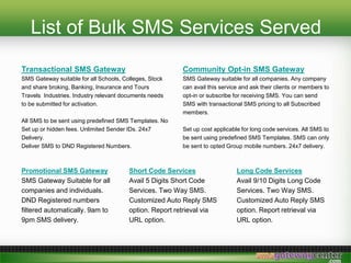 List of Bulk SMS Services Served
Transactional SMS Gateway
SMS Gateway suitable for all Schools, Colleges, Stock
and share broking, Banking, Insurance and Tours
Travels Industries. Industry relevant documents needs
to be submitted for activation.
All SMS to be sent using predefined SMS Templates. No
Set up or hidden fees. Unlimited Sender IDs. 24x7
Delivery.
Deliver SMS to DND Registered Numbers.
Community Opt-in SMS Gateway
SMS Gateway suitable for all companies. Any company
can avail this service and ask their clients or members to
opt-in or subscribe for receiving SMS. You can send
SMS with transactional SMS pricing to all Subscribed
members.
Set up cost applicable for long code services. All SMS to
be sent using predefined SMS Templates. SMS can only
be sent to opted Group mobile numbers. 24x7 delivery.
Promotional SMS Gateway
SMS Gateway Suitable for all
companies and individuals.
DND Registered numbers
filtered automatically. 9am to
9pm SMS delivery.
Short Code Services
Avail 5 Digits Short Code
Services. Two Way SMS.
Customized Auto Reply SMS
option. Report retrieval via
URL option.
Long Code Services
Avail 9/10 Digits Long Code
Services. Two Way SMS.
Customized Auto Reply SMS
option. Report retrieval via
URL option.
 