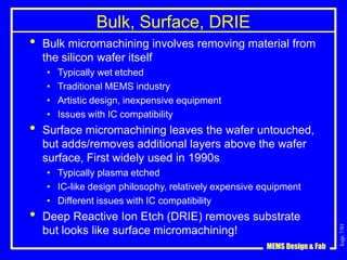 ksjp,
7/01
Bulk, Surface, DRIE
MEMS Design & Fab
• Bulk micromachining involves removing material from
the silicon wafer itself
• Typically wet etched
• Traditional MEMS industry
• Artistic design, inexpensive equipment
• Issues with IC compatibility
• Surface micromachining leaves the wafer untouched,
but adds/removes additional layers above the wafer
surface, First widely used in 1990s
• Typically plasma etched
• IC-like design philosophy, relatively expensive equipment
• Different issues with IC compatibility
• Deep Reactive Ion Etch (DRIE) removes substrate
but looks like surface micromachining!
 