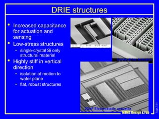 ksjp,
7/01
DRIE structures
• Increased capacitance
for actuation and
sensing
• Low-stress structures
• single-crystal Si only
structural material
• Highly stiff in vertical
direction
• isolation of motion to
wafer plane
• flat, robust structures
2DoF Electrostatic actuator
MEMS Design & Fab
Thermal Actuator
Comb-drive Actuator
 