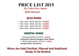 PRICE LIST 2015
Wines Are Sold Clarified, Filtered And Stabilized:
Ready To Be Bottled.
Red ‐ Rosé ‐ White 10% Vol. = 0,33€/l.
Red ‐ Rosé ‐ White 11% Vol. = 0,34€/l.
Red ‐ Rosé ‐ White 12% Vol. = 0,37€/l.
Red ‐ Rosé ‐ White 13% Vol. = 0,39€/l.
Red Varietal Wine 12% Vol. = 0,41€/l.
Tempranillo, Cabernet Sauvignon, Syrah, Merlot
White Varietal Wine 12% Vol. = 0,39€/l.
Sauvignon Blanc, Chardonnay
(Ex Cellar Price, Spain)
 