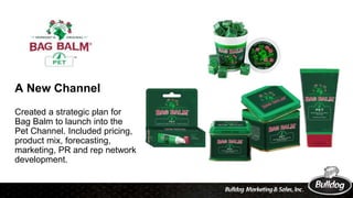 A New Channel
Created a strategic plan for
Bag Balm to launch into the
Pet Channel. Included pricing,
product mix, forecas...