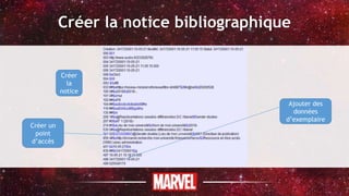 Créer la notice bibliographique
Créer
la
notice
Ajouter des
données
d’exemplaire
Créer un
point
d’accès
 
