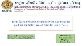 Identification of apoptotic pathways in Neem extract
gold nanoparticles treated parasites using FACS.
Presented by
Bulet Kumar Gupta
MS pharma
Biotechnology
Supervisor: Dr. Murali Kumarasamy
Co-Supervisor: Dr. Abhishek Sahu
 