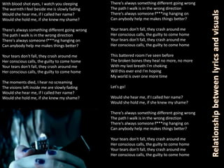 With blood shot eyes, I watch you sleeping       There's always something different going wrong
The warmth I feel beside me is slowly fading     The path I walk is in the wrong direction
Would she hear me, if I called her name?         There's always someone f***ing hanging on
Would she hold me, if she knew my shame?         Can anybody help me makes things better?

There's always something different going wrong   Your tears don't fall, they crash around me
The path I walk is in the wrong direction        Her conscious calls, the guilty to come home
There's always someone f***ing hanging on        Your tears don't fall, they crash around me
Can anybody help me makes things better?         Her conscious calls, the guilty to come home

Your tears don't fall, they crash around me      This battered room I've seen before
Her conscious calls, the guilty to come home     The broken bones they heal no more, no more
Your tears don't fall, they crash around me      With my last breath I'm choking
Her conscious calls, the guilty to come home     Will this ever end I'm hoping
                                                 My world is over one more time
The moments died, I hear no screaming
The visions left inside me are slowly fading     Let's go!
Would she hear me, if I called her name?
Would she hold me, if she knew my shame?         Would she hear me, if I called her name?
                                                 Would she hold me, if she knew my shame?

                                                 There's always something different going wrong
                                                 The path I walk is in the wrong direction
                                                 There's always someone f***ing hanging on
                                                 Can anybody help me makes things better?

                                                 Your tears don't fall, they crash around me
                                                 Her conscious calls, the guilty to come home
                                                 Your tears don't fall, they crash around me
                                                 Her conscious calls, the guilty to come home
 