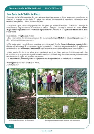 jeunesse / écoles
www.lesourn.fr
20
associations
www.lesourn.fr
20
Les amis de la Vallée de Plurit
www.lesourn.fr
L’entretien de la vallée nécessite des interventions régulières surtout en hiver notamment pour limiter et
maîtriser la propagation des saules. à chaque intervention une trentaine de volontaires très motivés tron-
çonnent, transportent, cassent, brûlent, élaguent...
Le 17 janvier : gros travail d’élagage des haies bocagères qui mènent à la vallée. Le 28 février : abattage de
vieux saules le long du ruisseau et formation de têtards. Le 16 juin : fauchage et transfert de l’herbe. Le fau-
chage est tardif pour favoriser l’évolution la plus naturelle possible de la végétation et le maintien de la
biodiversité.
L’animation a pris plusieurs formes :
1/Une présentation des frelons asiatiques et des moyens de lutte par Michèle et Gildas Jégoux (voir p.15) a
attiré une soixantaine de personnes.
2/ Une sortie nature essentiellement botanique a permis, grâce à Yves Le Coeur de Bretagne vivante, de faire
découvrir à la trentaine de personnes présentes les « poacées » (autrefois nommées graminées), les fougères
et notamment le « trichomanès remarquable » présent de façon exceptionnelle dans un puits de Plurit.
3/ Dans le cadre des T.A.P, Marielle et Marcel ont fait découvrir aux élèves les traces de blaireaux dans le talus
de la vallée, les principaux arbres par l’observation de leurs feuilles le long d’un chemin tracé par l’association
et balisé selon les règles par les élèves eux mêmes.
Les interventions prévues à partir de septembre : le 26 septembre, le 24 octobre, le 21 novembre.
Bonne promenade dans la vallée de Plurit.
Marcel Renaud
Les Amis de la Vallée de Plurit
Sortie botanique
Fauchage tardif permettant le maintien de la biodiversitéLe chemin de l’arbre tracé par l’association
Entrée du terrier de blaireau
 