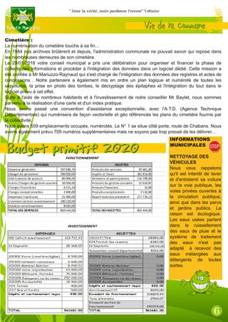 Cimetière :
La numérisation du cimetière touche à sa fin...
En 1984 nos archives brûlèrent et depuis, l'administration communale ne pouvait savoir qui repose dans
les nombreuses demeures de son cimetière.
Le 29/01/2018 votre conseil municipal a pris une délibération pour organiser et financer la phase de
collecte des informations et procéder à l'intégration des données dans un logiciel dédié. Cette mission a
été confiée à Mr Mariuzzo-Raynaud qui s'est chargé de l'intégration des données des registres et actes de
concessions . Notre partenaire a également mis en ordre un plan logique et numéroté de toutes les
sépultures, la prise en photo des tombes, le décryptage des épitaphes et l'intégration du tout dans le
logiciel prévu à cet effet.
Suite à l'aide de nombreux habitants et à l'investissement de notre conseiller Mr Baylet, nous sommes
parvenu à la réalisation d'une carte et d'un index pratique.
Nous avons passé une convention d'assistance exceptionnelle, avec l'A.T.D. (Agence Technique
Départementale) qui numérisera de façon vectorielle et géo référencée les plans du cimetière fournis par
la collectivité.
Nous avons 559 emplacements occupés, numérotés. Le N° 1 se situe côté porte, route de Chabans. Nous
avons également prévu 700 numéros supplémentaires mais ne soyons pas trop pressé de les délivrer...
INFORMATIONS
MUNICIPALES
NETTOYAGE DES
VÉHICULES
Nous vous rappelons
qu'il est interdit de laver
et d'entretenir sa voiture
sur la voie publique, les
voies privées ouvertes à
la circulation publique,
ainsi que dans les parcs
et jardins publics. La
raison est écologique.
Les eaux usées partent
dans le ruissellement
des eaux de pluie et le
système de traitement
des eaux n'est pas
adapté à recevoir des
eaux mélangées aux
détergents de toutes
sortes.
 