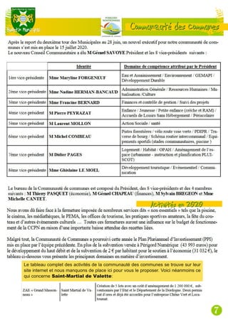 Le tableau complet des activités de la communauté des communes se trouve sur leur
site internet et nous manquons de place ici pour vous le proposer. Voici néanmoins ce
qui concerne Saint­Martial de Valette:
 