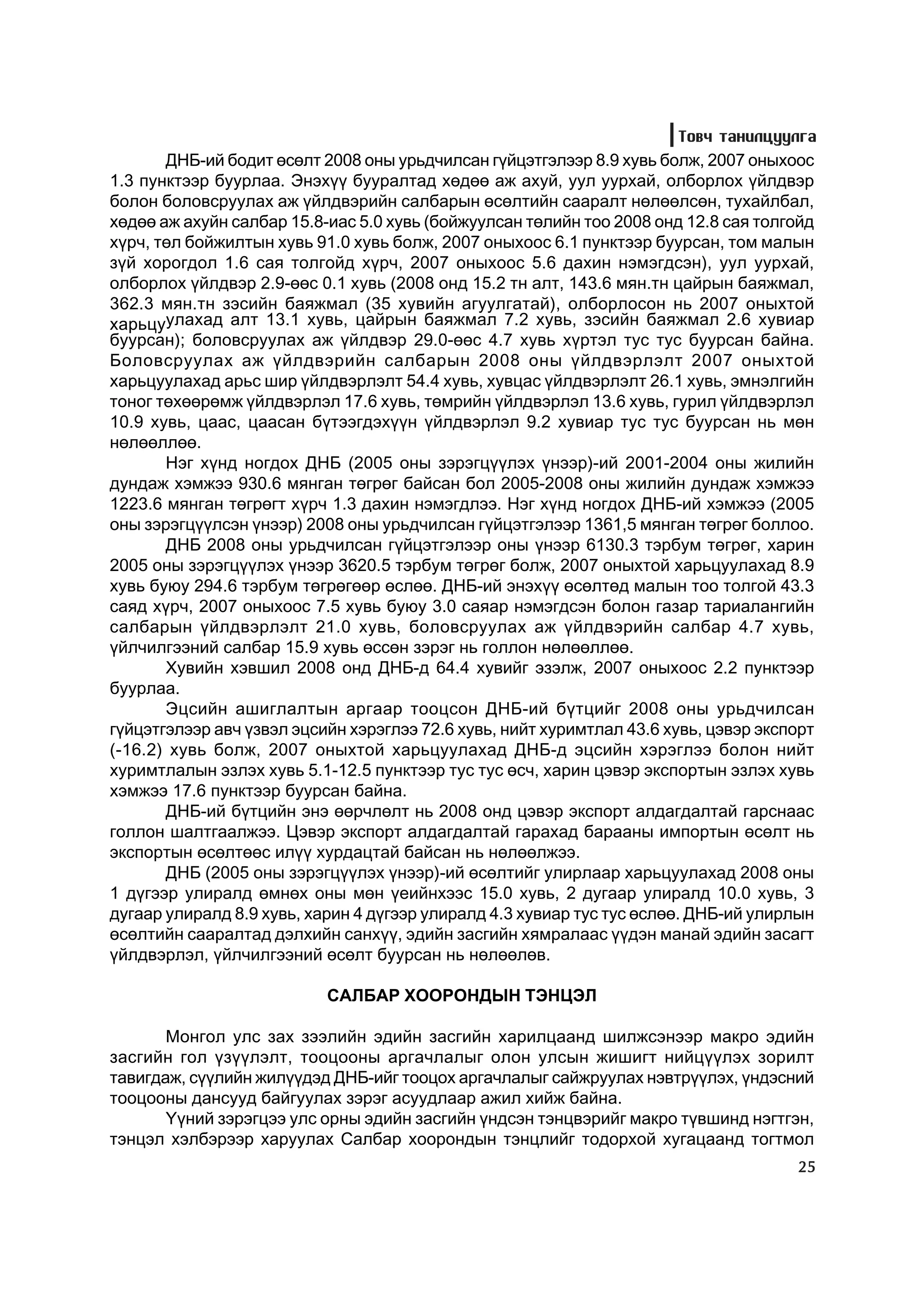 Òîâ÷ òàíèëöóóëãà
       ÄÍÁ-èé áîäèò ºñºëò 2008 îíû óðüä÷èëñàí ã¿éöýòãýëýýð 8.9 õóâü áîëæ, 2007 îíûõîîñ
1.3 ïóíêòýýð áóóðëàà. Ýíýõ¿¿ áóóðàëòàä õºäºº àæ àõóé, óóë óóðõàé, îëáîðëîõ ¿éëäâýð
áîëîí áîëîâñðóóëàõ àæ ¿éëäâýðèéí ñàëáàðûí ºñºëòèéí ñààðàëò íºëººëñºí, òóõàéëáàë,
õºäºº àæ àõóéí ñàëáàð 15.8-èàñ 5.0 õóâü (áîéæóóëñàí òºëèéí òîî 2008 îíä 12.8 ñàÿ òîëãîéä
õ¿ð÷, òºë áîéæèëòûí õóâü 91.0 õóâü áîëæ, 2007 îíûõîîñ 6.1 ïóíêòýýð áóóðñàí, òîì ìàëûí
ç¿é õîðîãäîë 1.6 ñàÿ òîëãîéä õ¿ð÷, 2007 îíûõîîñ 5.6 äàõèí íýìýãäñýí), óóë óóðõàé,
îëáîðëîõ ¿éëäâýð 2.9-ººñ 0.1 õóâü (2008 îíä 15.2 òí àëò, 143.6 ìÿí.òí öàéðûí áàÿæìàë,
362.3 ìÿí.òí çýñèéí áàÿæìàë (35 õóâèéí àãóóëãàòàé), îëáîðëîñîí íü 2007 îíûõòîé
õàðüöóóëàõàä àëò 13.1 õóâü, öàéðûí áàÿæìàë 7.2 õóâü, çýñèéí áàÿæìàë 2.6 õóâèàð
áóóðñàí); áîëîâñðóóëàõ àæ ¿éëäâýð 29.0-ººñ 4.7 õóâü õ¿ðòýë òóñ òóñ áóóðñàí áàéíà.
Áîëîâñðóóëàõ àæ ¿éëäâýðèéí ñàëáàðûí 2008 îíû ¿éëäâýðëýëò 2007 îíûõòîé
õàðüöóóëàõàä àðüñ øèð ¿éëäâýðëýëò 54.4 õóâü, õóâöàñ ¿éëäâýðëýëò 26.1 õóâü, ýìíýëãèéí
òîíîã òºõººðºìæ ¿éëäâýðëýë 17.6 õóâü, òºìðèéí ¿éëäâýðëýë 13.6 õóâü, ãóðèë ¿éëäâýðëýë
10.9 õóâü, öààñ, öààñàí á¿òýýãäýõ¿¿í ¿éëäâýðëýë 9.2 õóâèàð òóñ òóñ áóóðñàí íü ìºí
íºëººëëºº.
       Íýã õ¿íä íîãäîõ ÄÍÁ (2005 îíû çýðýãö¿¿ëýõ ¿íýýð)-èé 2001-2004 îíû æèëèéí
äóíäàæ õýìæýý 930.6 ìÿíãàí òºãðºã áàéñàí áîë 2005-2008 îíû æèëèéí äóíäàæ õýìæýý
1223.6 ìÿíãàí òºãðºãò õ¿ð÷ 1.3 äàõèí íýìýãäëýý. Íýã õ¿íä íîãäîõ ÄÍÁ-èé õýìæýý (2005
îíû çýðýãö¿¿ëñýí ¿íýýð) 2008 îíû óðüä÷èëñàí ã¿éöýòãýëýýð 1361,5 ìÿíãàí òºãðºã áîëëîî.
       ÄÍÁ 2008 îíû óðüä÷èëñàí ã¿éöýòãýëýýð îíû ¿íýýð 6130.3 òýðáóì òºãðºã, õàðèí
2005 îíû çýðýãö¿¿ëýõ ¿íýýð 3620.5 òýðáóì òºãðºã áîëæ, 2007 îíûõòîé õàðüöóóëàõàä 8.9
õóâü áóþó 294.6 òýðáóì òºãðºãººð ºñëºº. ÄÍÁ-èé ýíýõ¿¿ ºñºëòºä ìàëûí òîî òîëãîé 43.3
ñàÿä õ¿ð÷, 2007 îíûõîîñ 7.5 õóâü áóþó 3.0 ñàÿàð íýìýãäñýí áîëîí ãàçàð òàðèàëàíãèéí
ñàëáàðûí ¿éëäâýðëýëò 21.0 õóâü, áîëîâñðóóëàõ àæ ¿éëäâýðèéí ñàëáàð 4.7 õóâü,
¿éë÷èëãýýíèé ñàëáàð 15.9 õóâü ºññºí çýðýã íü ãîëëîí íºëººëëºº.
       Õóâèéí õýâøèë 2008 îíä ÄÍÁ-ä 64.4 õóâèéã ýçýëæ, 2007 îíûõîîñ 2.2 ïóíêòýýð
áóóðëàà.
       Ýöñèéí àøèãëàëòûí àðãààð òîîöñîí ÄÍÁ-èé á¿òöèéã 2008 îíû óðüä÷èëñàí
ã¿éöýòãýëýýð àâ÷ ¿çâýë ýöñèéí õýðýãëýý 72.6 õóâü, íèéò õóðèìòëàë 43.6 õóâü, öýâýð ýêñïîðò
(-16.2) õóâü áîëæ, 2007 îíûõòîé õàðüöóóëàõàä ÄÍÁ-ä ýöñèéí õýðýãëýý áîëîí íèéò
õóðèìòëàëûí ýçëýõ õóâü 5.1-12.5 ïóíêòýýð òóñ òóñ ºñ÷, õàðèí öýâýð ýêñïîðòûí ýçëýõ õóâü
õýìæýý 17.6 ïóíêòýýð áóóðñàí áàéíà.
       ÄÍÁ-èé á¿òöèéí ýíý ººð÷ëºëò íü 2008 îíä öýâýð ýêñïîðò àëäàãäàëòàé ãàðñíààñ
ãîëëîí øàëòãààëæýý. Öýâýð ýêñïîðò àëäàãäàëòàé ãàðàõàä áàðààíû èìïîðòûí ºñºëò íü
ýêñïîðòûí ºñºëòººñ èë¿¿ õóðäàöòàé áàéñàí íü íºëººëæýý.
       ÄÍÁ (2005 îíû çýðýãö¿¿ëýõ ¿íýýð)-èé ºñºëòèéã óëèðëààð õàðüöóóëàõàä 2008 îíû
1 ä¿ãýýð óëèðàëä ºìíºõ îíû ìºí ¿åèéíõýýñ 15.0 õóâü, 2 äóãààð óëèðàëä 10.0 õóâü, 3
äóãààð óëèðàëä 8.9 õóâü, õàðèí 4 ä¿ãýýð óëèðàëä 4.3 õóâèàð òóñ òóñ ºñëºº. ÄÍÁ-èé óëèðëûí
ºñºëòèéí ñààðàëòàä äýëõèéí ñàíõ¿¿, ýäèéí çàñãèéí õÿìðàëààñ ¿¿äýí ìàíàé ýäèéí çàñàãò
¿éëäâýðëýë, ¿éë÷èëãýýíèé ºñºëò áóóðñàí íü íºëººëºâ.

                           ÑÀËÁÀÐ ÕÎÎÐÎÍÄÛÍ ÒÝÍÖÝË

       Ìîíãîë óëñ çàõ çýýëèéí ýäèéí çàñãèéí õàðèëöààíä øèëæñýíýýð ìàêðî ýäèéí
çàñãèéí ãîë ¿ç¿¿ëýëò, òîîöîîíû àðãà÷ëàëûã îëîí óëñûí æèøèãò íèéö¿¿ëýõ çîðèëò
òàâèãäàæ, ñ¿¿ëèéí æèë¿¿äýä ÄÍÁ-èéã òîîöîõ àðãà÷ëàëûã ñàéæðóóëàõ íýâòð¿¿ëýõ, ¿íäýñíèé
òîîöîîíû äàíñóóä áàéãóóëàõ çýðýã àñóóäëààð àæèë õèéæ áàéíà.
       ¯¿íèé çýðýãöýý óëñ îðíû ýäèéí çàñãèéí ¿íäñýí òýíöâýðèéã ìàêðî ò¿âøèíä íýãòãýí,
òýíöýë õýëáýðýýð õàðóóëàõ Ñàëáàð õîîðîíäûí òýíöëèéã òîäîðõîé õóãàöààíä òîãòìîë
                                                                                      25
 