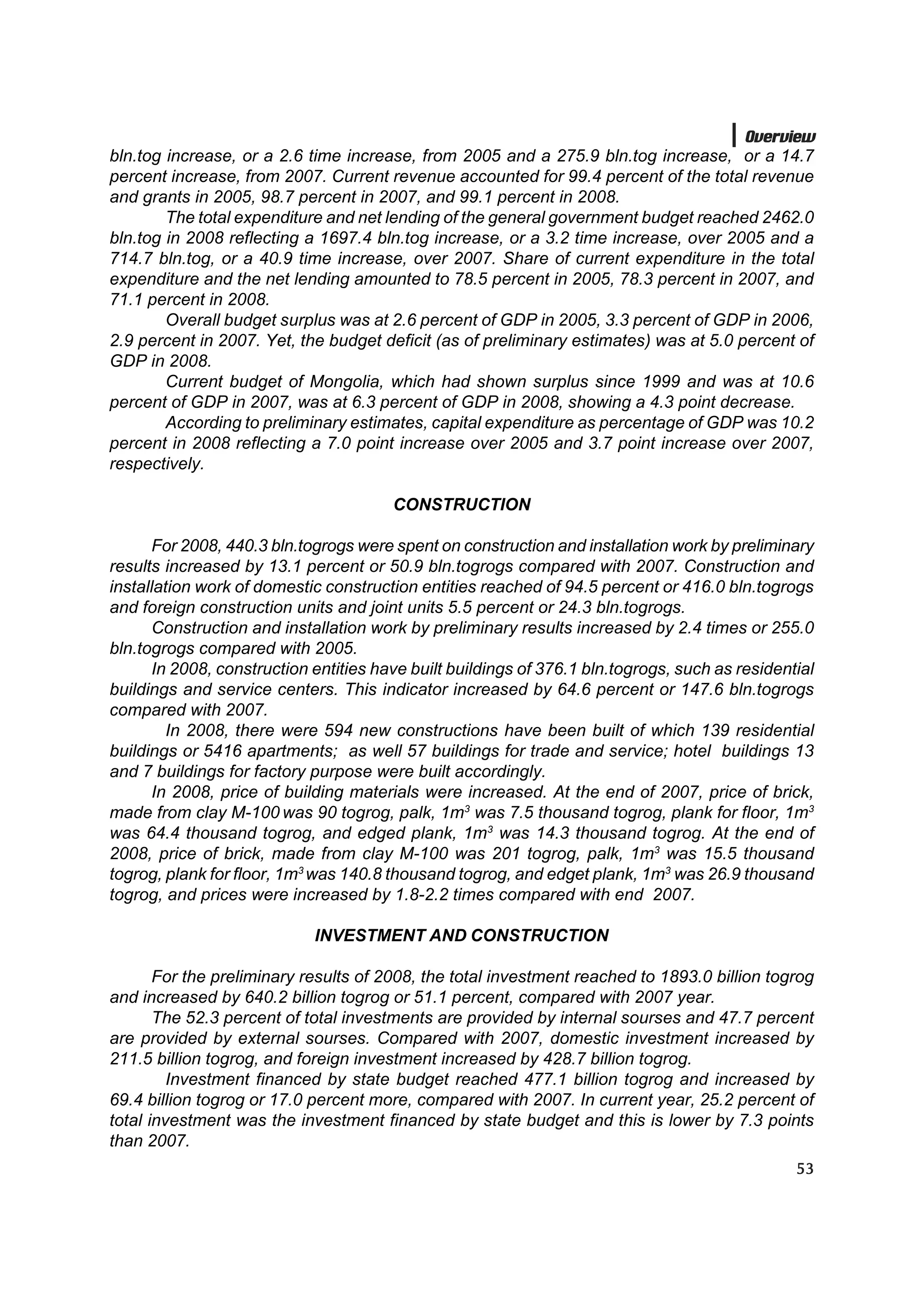 Overview
bln.tog increase, or a 2.6 time increase, from 2005 and a 275.9 bln.tog increase, or a 14.7
percent increase, from 2007. Current revenue accounted for 99.4 percent of the total revenue
and grants in 2005, 98.7 percent in 2007, and 99.1 percent in 2008.
        The total expenditure and net lending of the general government budget reached 2462.0
bln.tog in 2008 reflecting a 1697.4 bln.tog increase, or a 3.2 time increase, over 2005 and a
714.7 bln.tog, or a 40.9 time increase, over 2007. Share of current expenditure in the total
expenditure and the net lending amounted to 78.5 percent in 2005, 78.3 percent in 2007, and
71.1 percent in 2008.
        Overall budget surplus was at 2.6 percent of GDP in 2005, 3.3 percent of GDP in 2006,
2.9 percent in 2007. Yet, the budget deficit (as of preliminary estimates) was at 5.0 percent of
GDP in 2008.
        Current budget of Mongolia, which had shown surplus since 1999 and was at 10.6
percent of GDP in 2007, was at 6.3 percent of GDP in 2008, showing a 4.3 point decrease.
        According to preliminary estimates, capital expenditure as percentage of GDP was 10.2
percent in 2008 reflecting a 7.0 point increase over 2005 and 3.7 point increase over 2007,
respectively.

                                       CONSTRUCTION

      For 2008, 440.3 bln.togrogs were spent on construction and installation work by preliminary
results increased by 13.1 percent or 50.9 bln.togrogs compared with 2007. Construction and
installation work of domestic construction entities reached of 94.5 percent or 416.0 bln.togrogs
and foreign construction units and joint units 5.5 percent or 24.3 bln.togrogs.
      Construction and installation work by preliminary results increased by 2.4 times or 255.0
bln.togrogs compared with 2005.
      In 2008, construction entities have built buildings of 376.1 bln.togrogs, such as residential
buildings and service centers. This indicator increased by 64.6 percent or 147.6 bln.togrogs
compared with 2007.
         In 2008, there were 594 new constructions have been built of which 139 residential
buildings or 5416 apartments; as well 57 buildings for trade and service; hotel buildings 13
and 7 buildings for factory purpose were built accordingly.
      In 2008, price of building materials were increased. At the end of 2007, price of brick,
made from clay M-100 was 90 togrog, palk, 1m3 was 7.5 thousand togrog, plank for floor, 1m3
was 64.4 thousand togrog, and edged plank, 1m3 was 14.3 thousand togrog. At the end of
2008, price of brick, made from clay M-100 was 201 togrog, palk, 1m3 was 15.5 thousand
togrog, plank for floor, 1m3 was 140.8 thousand togrog, and edget plank, 1m3 was 26.9 thousand
togrog, and prices were increased by 1.8-2.2 times compared with end 2007.

                            INVESTMENT AND CONSTRUCTION

       For the preliminary results of 2008, the total investment reached to 1893.0 billion togrog
and increased by 640.2 billion togrog or 51.1 percent, compared with 2007 year.
       The 52.3 percent of total investments are provided by internal sourses and 47.7 percent
are provided by external sourses. Compared with 2007, domestic investment increased by
211.5 billion togrog, and foreign investment increased by 428.7 billion togrog.
         Investment financed by state budget reached 477.1 billion togrog and increased by
69.4 billion togrog or 17.0 percent more, compared with 2007. In current year, 25.2 percent of
total investment was the investment financed by state budget and this is lower by 7.3 points
than 2007.
                                                                                                53
 