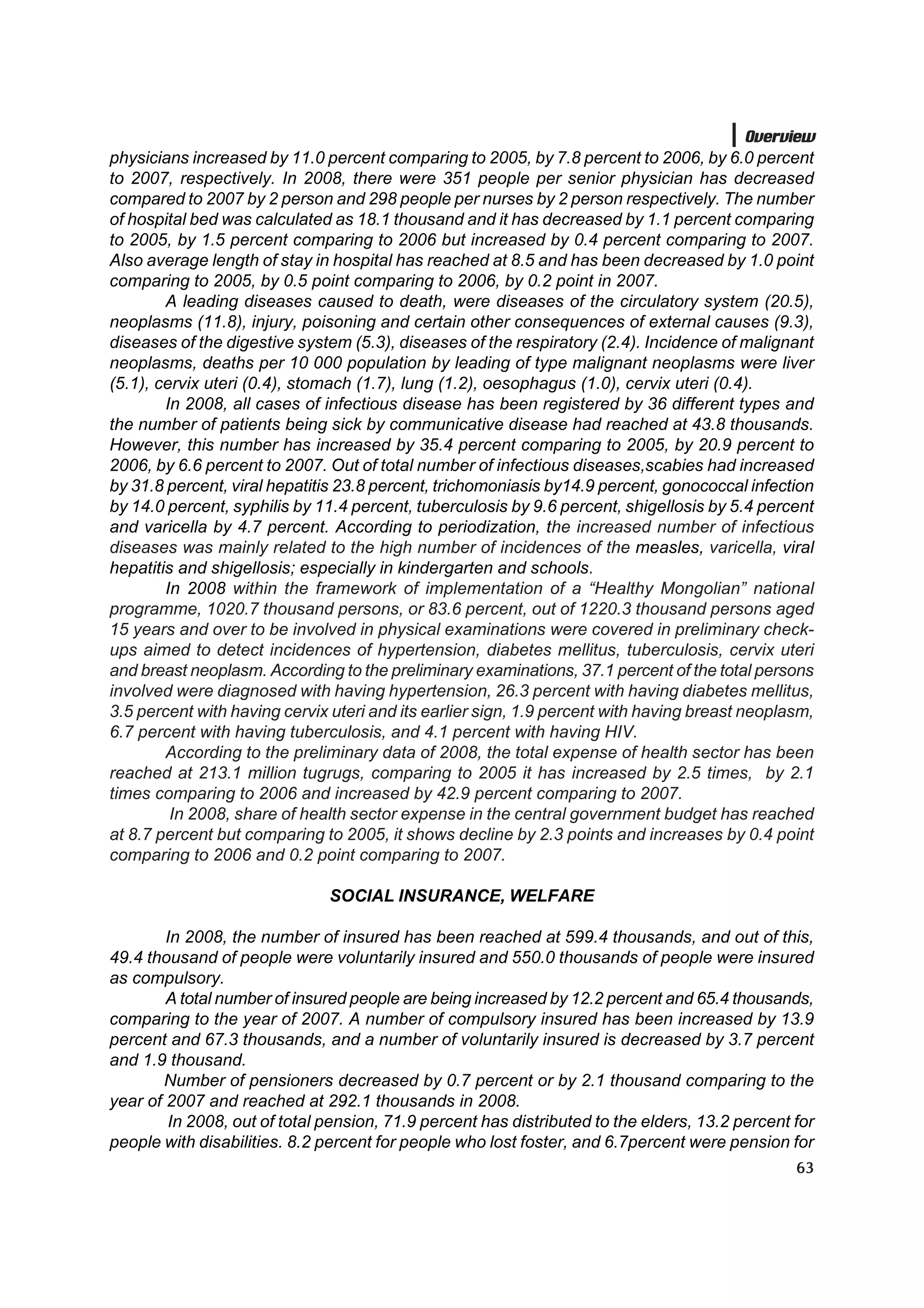 Overview
physicians increased by 11.0 percent comparing to 2005, by 7.8 percent to 2006, by 6.0 percent
to 2007, respectively. In 2008, there were 351 people per senior physician has decreased
compared to 2007 by 2 person and 298 people per nurses by 2 person respectively. The number
of hospital bed was calculated as 18.1 thousand and it has decreased by 1.1 percent comparing
to 2005, by 1.5 percent comparing to 2006 but increased by 0.4 percent comparing to 2007.
Also average length of stay in hospital has reached at 8.5 and has been decreased by 1.0 point
comparing to 2005, by 0.5 point comparing to 2006, by 0.2 point in 2007.
        A leading diseases caused to death, were diseases of the circulatory system (20.5),
neoplasms (11.8), injury, poisoning and certain other consequences of external causes (9.3),
diseases of the digestive system (5.3), diseases of the respiratory (2.4). Incidence of malignant
neoplasms, deaths per 10 000 population by leading of type malignant neoplasms were liver
(5.1), cervix uteri (0.4), stomach (1.7), lung (1.2), oesophagus (1.0), cervix uteri (0.4).
        In 2008, all cases of infectious disease has been registered by 36 different types and
the number of patients being sick by communicative disease had reached at 43.8 thousands.
However, this number has increased by 35.4 percent comparing to 2005, by 20.9 percent to
2006, by 6.6 percent to 2007. Out of total number of infectious diseases,scabies had increased
by 31.8 percent, viral hepatitis 23.8 percent, trichomoniasis by14.9 percent, gonococcal infection
by 14.0 percent, syphilis by 11.4 percent, tuberculosis by 9.6 percent, shigellosis by 5.4 percent
and varicella by 4.7 percent. According to periodization, the increased number of infectious
diseases was mainly related to the high number of incidences of the measles, varicella, viral
hepatitis and shigellosis; especially in kindergarten and schools.
        In 2008 within the framework of implementation of a “Healthy Mongolian” national
programme, 1020.7 thousand persons, or 83.6 percent, out of 1220.3 thousand persons aged
15 years and over to be involved in physical examinations were covered in preliminary check-
ups aimed to detect incidences of hypertension, diabetes mellitus, tuberculosis, cervix uteri
and breast neoplasm. According to the preliminary examinations, 37.1 percent of the total persons
involved were diagnosed with having hypertension, 26.3 percent with having diabetes mellitus,
3.5 percent with having cervix uteri and its earlier sign, 1.9 percent with having breast neoplasm,
6.7 percent with having tuberculosis, and 4.1 percent with having HIV.
        According to the preliminary data of 2008, the total expense of health sector has been
reached at 213.1 million tugrugs, comparing to 2005 it has increased by 2.5 times, by 2.1
times comparing to 2006 and increased by 42.9 percent comparing to 2007.
         In 2008, share of health sector expense in the central government budget has reached
at 8.7 percent but comparing to 2005, it shows decline by 2.3 points and increases by 0.4 point
comparing to 2006 and 0.2 point comparing to 2007.

                              SOCIAL INSURANCE, WELFARE

        In 2008, the number of insured has been reached at 599.4 thousands, and out of this,
49.4 thousand of people were voluntarily insured and 550.0 thousands of people were insured
as compulsory.
        A total number of insured people are being increased by 12.2 percent and 65.4 thousands,
comparing to the year of 2007. A number of compulsory insured has been increased by 13.9
percent and 67.3 thousands, and a number of voluntarily insured is decreased by 3.7 percent
and 1.9 thousand.
       Number of pensioners decreased by 0.7 percent or by 2.1 thousand comparing to the
year of 2007 and reached at 292.1 thousands in 2008.
        In 2008, out of total pension, 71.9 percent has distributed to the elders, 13.2 percent for
people with disabilities. 8.2 percent for people who lost foster, and 6.7percent were pension for
                                                                                                63
 