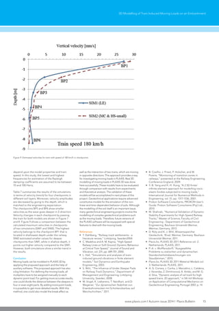 www.plaxis.com l Autumn issue 2014 l Plaxis Bulletin 15
3D Modelling of Train Induced Moving Loads on an Embankment
depend upon the model properties and train
speed. In this study, the lowest and highest
frequencies for estimation of the Rayleigh
damping coefficients are assumed to be between
10 and 100 Hertz.
Table 7 summarizes the results of the simulations
in terms of velocity (mm/s) for four checkpoints in
different soil layers. Moreover, velocity amplitudes
are decreased by going to the depth, which is
matched to the engineering expectation.
The checkpoints BP5 and BP6 show smaller
velocities as the wave goes deeper in Z-direction.
Velocity changes in each checkpoint by passing
the train for both models are shown in Figure 7
and 8. Figure 9 shows a comparison between the
calculated maximum velocities in checkpoints
of two simulations (SIM1 and SIM2). The highest
velocity belongs to the checkpoint BP1 that is
located in shallowest depth under the railway.
SIM2 estimated smaller values for deeper
checkpoints than SIM1, while in shallow depth, it
points out higher velocity compared to the SIM1.
However, both simulations show a similar trend in
the results.
Conclusion
Moving loads can be modeled in PLAXIS 3D by
applying the proposed approach and the help of
auxiliary software. This proposed approach has also
a big limitation. For defining the moving loads, all
multipliers have to be assigned manually to each
dynamic point load. For getting more accurate results,
one could divide the distance between the sleepers in
four or even eight parts. By adding more point loads,
it is possible to get more detailed results. With this
method, one could also model the break effect as
well as the interaction of two trains, which are moving
in opposite directions. This approach provides a way
for investigating moving loads in PLAXIS. Real 3D
modelling of moving loads in PLAXIS 3D was done
here successfully. These models have to be evaluated
through comparison with results from experiments
and theoretical analysis. The validation of these
models will be accomplished in next phase of this
project. Geotechnical applications require advanced
constitutive models for the simulation of the non-
linear and time-dependent behavior of soils. Although
the modelling of the soil itself is an important issue,
many geotechnical engineering projects involve the
modelling of complex geotechnical problems such
as the moving loads. Therefore, future versions of
the PLAXIS software will be equipped with special
features to deal with the moving loads.
References
•	 T. Dahlberg, “Railway track settlements - a
literature review,” Linköping, Sweden2004.
•	 C. Madshus and A. M. Kaynia, “High-Speed
Railway Lines on Soft Ground: Dynamic Behaviour
at Critical Train Speed,” Journal of Sound and
Vibration, vol. 231, pp. 689-701, 2000.
•	 L. Hall, “Simulations and analyses of train-
induced ground vibrations in finite element
models,” Soil Dynamics and Earthquake
Engineering, 2003.
•	 S. Witt, “The Infuence of Under Sleeper Pads
on Railway Track Dynamics,” Department of
Management and Engineering, Linköping
University, Sweden, 2008.
•	 W. Vogel, K. Lieberenz, T. Neidhart, and D.
Wegener, “Zur dynamischen Stabilität von
Eisenbahnstrecken mit Schotteroberbau auf
Weichschichten,” 2011.
•	 B. Coelho, J. Priest, P. Holscher, and W.
Powrie, “Monitoring of transition zones in
railways,” presented at the Railway Engineering
Conference England, 2009.
•	 Y.-B. Yang and H.-H. Hung, “A 2.5D finite/
infinite element approach for modelling visco-
elastic bodies subjected to moving loads,”
International Journal for Numerical Methods in
Engineering, vol. 51, pp. 1317-1336, 2001.
•	 Prokon Software Consultants, PROKON User’s
Guide: Prokon Software Consultants (Pty) Ltd.,
2010.
•	 M. Shahraki, “Numerical Validation of Dynamic
Stability Experiments for High-Speed Railway
Tracks,” Master of Science, Faculty of Civil
Engineering - Department of Geotechnical
Engineering, Bauhaus-Universiät Weimar,
Weimar, Germany, 2013.
•	 D. Rüty and K. J. Witt, Wissensspeicher
Geotechnik, 18 ed. Weimar, Germany: Bauhaus-
Universität Weimar, 2011.
•	 Plaxis bv, PLAXIS 3D 2011-Reference vol. 2.
Netherlands: PLAXIS, 2011.
•	 P.-A. v. Wolffersdorff, “Ausgewählte
Probleme zu statischen und dynamischen
Standsicherheitsberechnungen von
Staudämmen,” 2010.
•	 Plaxis bv, PLAXIS 3D 2011-Material-Models vol.
3. Netherlands: PLAXIS, 2011.
•	 A. G. Correia, J. Cunha, J. Marcelino, L. Caldeira,
J. Varandas, Z. Dimitrovová, A. Antão, and M. G.
d. Silva, “Dynamic analysis of rail track for high
speed trains. 2D approach,” in 5th Intl Worksop
on Application of Computational Mechanics on
Geotechnical Engineering, Portugal 2007, p. 14.
Figure 9: Estimated velocities for train with speed of 180 km/h in checkpoints
 