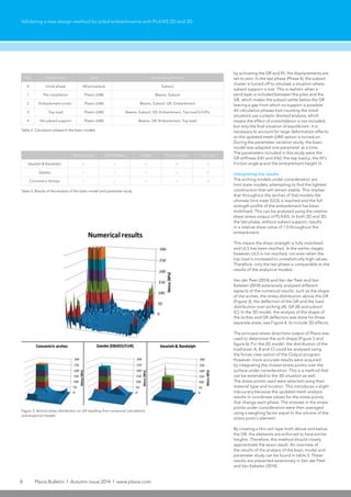8 Plaxis Bulletin l Autumn issue 2014 l www.plaxis.com
No. Phase name Type Activated geometry
0 Initial phase K0 procedure Subsoil
1 Pile installation Plastic (UM) Beams, Subsoil
2 Embankment constr. Plastic (UM) Beams, Subsoil, GR, Embankment
3 Top load Plastic (UM) Beams, Subsoil, GR, Embankment, Top load 5.0 kPa
4 No subsoil support Plastic (UM) Beams, GR, Embankment, Top load
Basic model GR Stiffness Height Friction angle Top load
Hewlett & Randolph × ∨ × × ×
Zaeske ∨ ∨ ∨ × ×
Concentric Arches ∨ ∨ ∨ ∨ ×
Validating a new design method for piled embankments with PLAXIS 2D and 3D
by activating the GR and fill, the displacements are
set to zero. In the last phase (Phase 4), the subsoil
cluster is turned off to simulate a situation where
subsoil support is lost. This is realistic when a
sand layer is included between the piles and the
GR, which makes the subsoil settle below the GR
leaving a gap from which no support is possible.
All calculation phases (not counting the initial
situation) use a plastic drained analysis, which
means the effect of consolidation is not included,
but only the final situation of equilibrium. It is
necessary to account for large deformation effects,
so the updated mesh (UM) option is turned on.
During the parameter variation study, the basic
model was adapted one parameter at a time.
The parameters included in this study were the
GR stiffness EA1 and EA2, the top load p, the fill’s
friction angle ϕ and the embankment height H.
Interpreting the results
The arching models under consideration are
limit state models, attempting to find the lightest
construction that will remain stable. This implies
that throughout the (arches of the) models the
ultimate limit state (ULS) is reached and the full
strength profile of the embankment has been
mobilised. This can be analysed using the relative
shear stress output of PLAXIS. In both 2D and 3D,
the last phase, without subsoil support, results
in a relative shear value of 1.0 throughout the
embankment.
This means the shear strength is fully mobilized
and ULS has been reached. In the earlier stages
however, ULS is not reached, not even when the
top load is increased to unrealistically high values.
Therefore, only the last phase is comparable to the
results of the analytical models.
Van der Peet (2014) and Van der Peet and Van
Eekelen (2014) extensively analysed different
aspects of the numerical results, such as the shape
of the arches, the stress distribution above the GR
(Figure 3), the deflection of the GR and the load
distribution over arching (A), GR (B) and subsoil
(C). In the 3D model, the analysis of the shape of
the arches and GR deflection was done for three
separate areas, see Figure 4, to include 3D effects.
The principal stress directions output of Plaxis was
used to determine the arch shape (Figure 5 and
figure 6). For the 2D model, the distribution of the
load (over A, B and C) could be analysed using
the forces view option of the Output program.
However, more accurate results were acquired
by integrating the closest stress points over the
surface under consideration. This is a method that
can be extended to the 3D situation as well.
The stress points used were selected using their
material type and location. This introduces a slight
inaccuracy because the updated mesh analysis
results in coordinate values for the stress points
that change each phase. The stresses in the stress
points under consideration were then averaged
using a weighing factor equal to the volume of the
stress point’s element.
By creating a thin soil layer both above and below
the GR, the elements are enforced to have similar
heights. Therefore, this method should closely
approximate the exact result. An overview of
the results of the analysis of the basic model and
parameter study can be found in table 3. These
results are presented extensively in Van der Peet
and Van Eekelen (2014).
Figure 3: Vertical stress distribution on GR resulting from numerical calculations
and analytical models
Table 2: Calculation phases in the basic models
Table 3: Results of the analysis of the basic model and parameter study
 