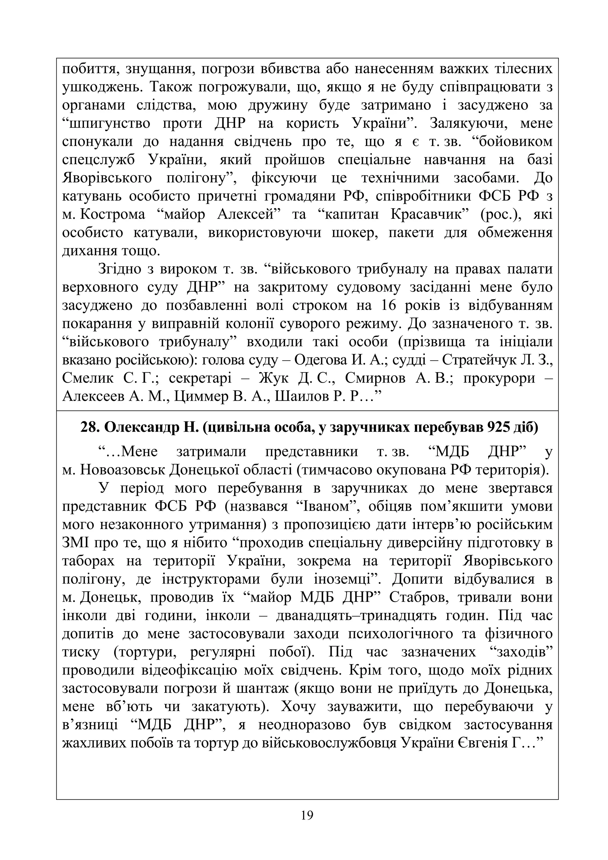 19
побиття, знущання, погрози вбивства або нанесенням важких тілесних
ушкоджень. Також погрожували, що, якщо я не буду співпрацювати з
органами слідства, мою дружину буде затримано і засуджено за
“шпигунство проти ДНР на користь України”. Залякуючи, мене
спонукали до надання свідчень про те, що я є т. зв. “бойовиком
спецслужб України, який пройшов спеціальне навчання на базі
Яворівського полігону”, фіксуючи це технічними засобами. До
катувань особисто причетні громадяни РФ, співробітники ФСБ РФ з
м. Кострома “майор Алексей” та “капитан Красавчик” (рос.), які
особисто катували, використовуючи шокер, пакети для обмеження
дихання тощо.
Згідно з вироком т. зв. “військового трибуналу на правах палати
верховного суду ДНР” на закритому судовому засіданні мене було
засуджено до позбавленні волі строком на 16 років із відбуванням
покарання у виправній колонії суворого режиму. До зазначеного т. зв.
“військового трибуналу” входили такі особи (прізвища та ініціали
вказано російською): голова суду – Одегова И. А.; судді – Стратейчук Л. З.,
Смелик С. Г.; секретарі – Жук Д. С., Смирнов А. В.; прокурори –
Алексеев А. М., Циммер В. А., Шаилов Р. Р…”
28. Олександр Н. (цивільна особа, у заручниках перебував 925 діб)
“…Мене затримали представники т. зв. “МДБ ДНР” у
м. Новоазовськ Донецької області (тимчасово окупована РФ територія).
У період мого перебування в заручниках до мене звертався
представник ФСБ РФ (назвався “Іваном”, обіцяв пом’якшити умови
мого незаконного утримання) з пропозицією дати інтерв’ю російським
ЗМІ про те, що я нібито “проходив спеціальну диверсійну підготовку в
таборах на території України, зокрема на території Яворівського
полігону, де інструкторами були іноземці”. Допити відбувалися в
м. Донецьк, проводив їх “майор МДБ ДНР” Стабров, тривали вони
інколи дві години, інколи – дванадцять–тринадцять годин. Під час
допитів до мене застосовували заходи психологічного та фізичного
тиску (тортури, регулярні побої). Під час зазначених “заходів”
проводили відеофіксацію моїх свідчень. Крім того, щодо моїх рідних
застосовували погрози й шантаж (якщо вони не приїдуть до Донецька,
мене вб’ють чи закатують). Хочу зауважити, що перебуваючи у
в’язниці “МДБ ДНР”, я неодноразово був свідком застосування
жахливих побоїв та тортур до військовослужбовця України Євгенія Г…”
 