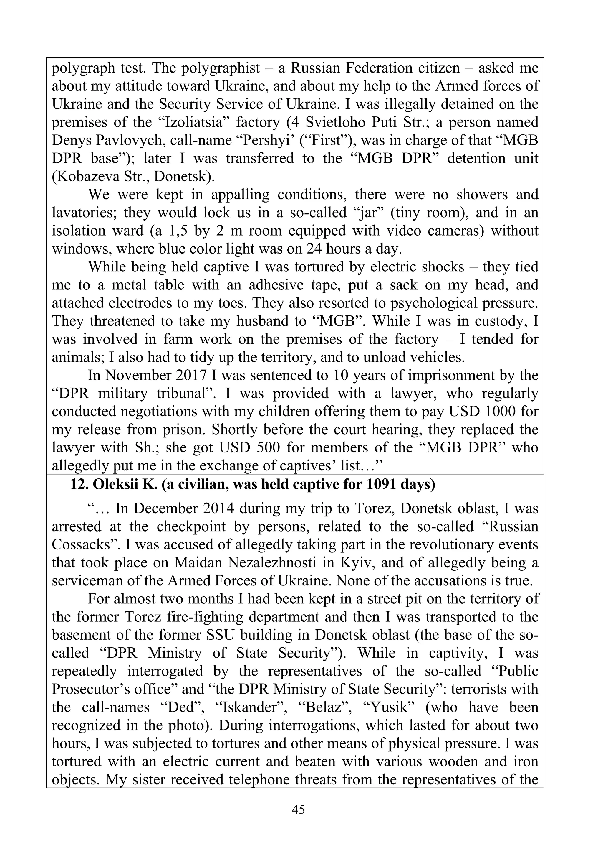 45
polygraph test. The polygraphist – a Russian Federation citizen – asked me
about my attitude toward Ukraine, and about my help to the Armed forces of
Ukraine and the Security Service of Ukraine. I was illegally detained on the
premises of the “Izoliatsia” factory (4 Svietloho Puti Str.; a person named
Denys Pavlovych, call-name “Pershyi’ (“First”), was in charge of that “MGB
DPR base”); later I was transferred to the “MGB DPR” detention unit
(Kobazeva Str., Donetsk).
We were kept in appalling conditions, there were no showers and
lavatories; they would lock us in a so-called “jar” (tiny room), and in an
isolation ward (a 1,5 by 2 m room equipped with video cameras) without
windows, where blue color light was on 24 hours a day.
While being held captive I was tortured by electric shocks – they tied
me to a metal table with an adhesive tape, put a sack on my head, and
attached electrodes to my toes. They also resorted to psychological pressure.
They threatened to take my husband to “MGB”. While I was in custody, I
was involved in farm work on the premises of the factory – I tended for
animals; I also had to tidy up the territory, and to unload vehicles.
In November 2017 I was sentenced to 10 years of imprisonment by the
“DPR military tribunal”. I was provided with a lawyer, who regularly
conducted negotiations with my children offering them to pay USD 1000 for
my release from prison. Shortly before the court hearing, they replaced the
lawyer with Sh.; she got USD 500 for members of the “MGB DPR” who
allegedly put me in the exchange of captives’ list…”
12. Oleksii K. (a civilian, was held captive for 1091 days)
“… In December 2014 during my trip to Torez, Donetsk oblast, I was
arrested at the checkpoint by persons, related to the so-called “Russian
Cossacks”. I was accused of allegedly taking part in the revolutionary events
that took place on Maidan Nezalezhnosti in Kyiv, and of allegedly being a
serviceman of the Armed Forces of Ukraine. None of the accusations is true.
For almost two months I had been kept in a street pit on the territory of
the former Torez fire-fighting department and then I was transported to the
basement of the former SSU building in Donetsk oblast (the base of the so-
called “DPR Ministry of State Security”). While in captivity, I was
repeatedly interrogated by the representatives of the so-called “Public
Prosecutor’s office” and “the DPR Ministry of State Security”: terrorists with
the call-names “Ded”, “Iskander”, “Belaz”, “Yusik” (who have been
recognized in the photo). During interrogations, which lasted for about two
hours, I was subjected to tortures and other means of physical pressure. I was
tortured with an electric current and beaten with various wooden and iron
objects. My sister received telephone threats from the representatives of the
 