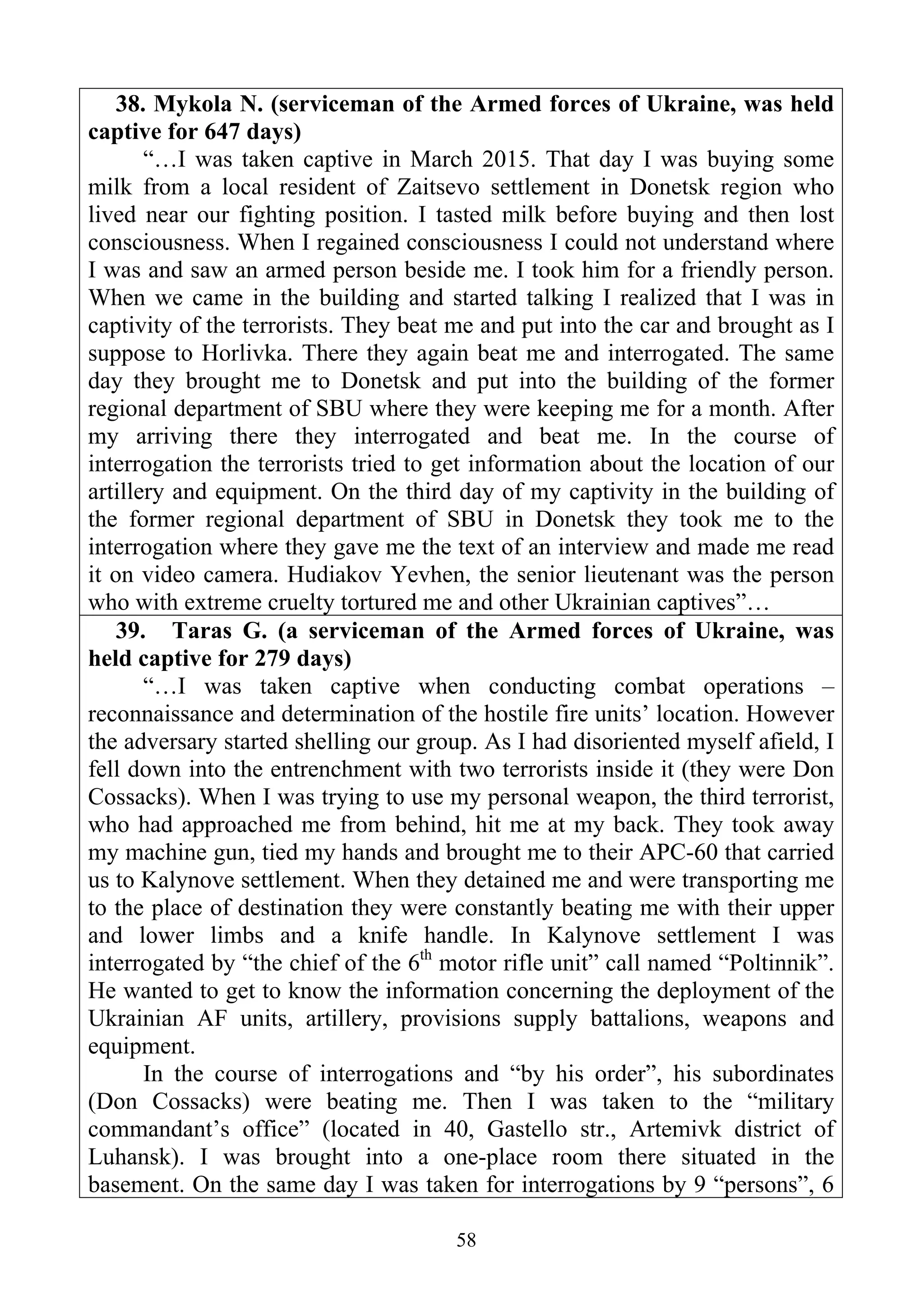 58
38. Mykola N. (serviceman of the Armed forces of Ukraine, was held
captive for 647 days)
“…I was taken captive in March 2015. That day I was buying some
milk from a local resident of Zaitsevo settlement in Donetsk region who
lived near our fighting position. I tasted milk before buying and then lost
consciousness. When I regained consciousness I could not understand where
I was and saw an armed person beside me. I took him for a friendly person.
When we came in the building and started talking I realized that I was in
captivity of the terrorists. They beat me and put into the car and brought as I
suppose to Horlivka. There they again beat me and interrogated. The same
day they brought me to Donetsk and put into the building of the former
regional department of SBU where they were keeping me for a month. After
my arriving there they interrogated and beat me. In the course of
interrogation the terrorists tried to get information about the location of our
artillery and equipment. On the third day of my captivity in the building of
the former regional department of SBU in Donetsk they took me to the
interrogation where they gave me the text of an interview and made me read
it on video camera. Hudiakov Yevhen, the senior lieutenant was the person
who with extreme cruelty tortured me and other Ukrainian captives”…
39. Taras G. (a serviceman of the Armed forces of Ukraine, was
held captive for 279 days)
“…I was taken captive when conducting combat operations –
reconnaissance and determination of the hostile fire units’ location. However
the adversary started shelling our group. As I had disoriented myself afield, I
fell down into the entrenchment with two terrorists inside it (they were Don
Cossacks). When I was trying to use my personal weapon, the third terrorist,
who had approached me from behind, hit me at my back. They took away
my machine gun, tied my hands and brought me to their APC-60 that carried
us to Kalynove settlement. When they detained me and were transporting me
to the place of destination they were constantly beating me with their upper
and lower limbs and a knife handle. In Kalynove settlement I was
interrogated by “the chief of the 6th
motor rifle unit” call named “Poltinnik”.
He wanted to get to know the information concerning the deployment of the
Ukrainian AF units, artillery, provisions supply battalions, weapons and
equipment.
In the course of interrogations and “by his order”, his subordinates
(Don Cossacks) were beating me. Then I was taken to the “military
commandant’s office” (located in 40, Gastello str., Artemivk district of
Luhansk). I was brought into a one-place room there situated in the
basement. On the same day I was taken for interrogations by 9 “persons”, 6
 
