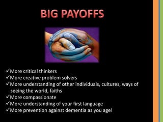 Learning a second language is FUN and occupationally rewarding.BIG PAYOFFSMore critical thinkersMore creative problem solversMore understanding of other individuals, cultures, ways of seeing the world, faithsMore critical thinkers
