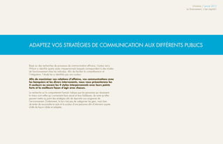 Infolettre / Janvier 2013
                                                                                           Le financement, c’est capital !




Adaptez vos stratégies de communication aux différents publics


Basé sur des recherches de processus de communication efficace, l’auteur Larry
Wilson a identifié quatre styles interpersonnels lesquels correspondent à des modes
de fonctionnement chez les individus. Afin de faciliter la compréhension et
l’intégration, l’étude les a identifiés par une couleur.

Afin de maximiser vos relations d’affaires, vos communications avec
les banquiers et les divers intervenants, nous vous présenterons les
4 couleurs ou encore les 4 styles interpersonnels avec leurs points
forts et la meilleure façon d’agir avec chacun.

La recherche sur le comportement humain indique que les personnes qui réussissent
le mieux sont celles qui connaissent leurs atouts et leurs faiblesses, de sorte qu’elles
peuvent mettre au point des stratégies afin de répondre aux exigences de
l’environnement. Évidemment, le but n’est pas de catégoriser les gens, mais bien
de tenter de reconnaître le style et la couleur d’une personne afin d’intervenir auprès
d’elle de façon ciblée et adaptée.
 