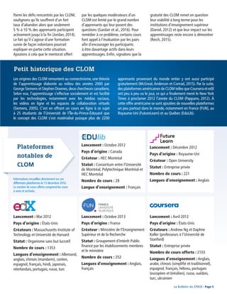 Parmi les défis rencontrés par les CLOM,
soulignons qu’ils souffrent d’un fort
taux d’abandon alors que seulement
5 % à 10 % des apprenants participent
activement jusqu’à la fin (Jordan, 2014).
Le fait qu’il s’agisse d’une formation
suivie de façon volontaire pourrait
expliquer en partie cette situation.
Ajoutons à cela que le mentorat offert
par les quelques modérateurs d’un
CLOM est limité par le grand nombre
d’apprenants qui leur posent des
questions (Gardair et al., 2016). Pour
remédier à ce problème, certains cours
font appel à l’évaluation par les pairs
afin d’encourager les participants
à être davantage actifs dans leurs
apprentissages. Enfin, signalons que la
gratuité des CLOM remet en question
leur viabilité à long terme pour les
institutions d’enseignement supérieur
(Daniel, 2012) et que leur impact sur les
apprentissages reste encore à démontrer
(Reich, 2015).
Lancement : Octobre 2013
Pays d’origine : France
Créateur : Ministère de l’Enseignement
Supérieur et de la Recherche
Statut : Groupement d’Intérêt Public
financé par les établissements membres
et le ministère
Nombre de cours : 252
Langues d’enseignement : Anglais,
français
Les origines des CLOM remontent au connectivisme, une théorie
de l’apprentissage élaborée au milieu des années 2000 par
George Siemens et Stephen Downes,deux chercheurs canadiens.
Selon eux, l’apprentissage s’effectue socialement et est facilité
par les technologies, notamment avec les médias sociaux,
les vidéos en ligne et les espaces de collaboration virtuels
(Siemens, 2005). C’est en offrant un cours en ligne à ce sujet
à 25 étudiants de l’Université de l’Île-du-Prince-Édouard que
le concept des CLOM s’est matérialisé puisque plus de 2200
apprenants provenant du monde entier y ont aussi participé
gratuitement (McGreal,Anderson et Conrad, 2015). Par la suite,
des plateformes américaines de CLOM telles que Coursera et edX
ont peu à peu vu le jour, ce qui a finalement mené le New York
Times à proclamer 2012 l’année du CLOM (Pappano, 2012). À
cette offre américaine se sont ajoutées de nouvelles plateformes
un peu partout dans le monde, notamment en France (FUN), au
Royaume-Uni (FutureLearn) et au Québec (EduLib).
Petit historique des CLOM
Le Bulletin du CPASS - Page 5
Lancement : Octobre 2012
Pays d’origine : Canada
Créateur : HEC Montréal
Statut : Consortium entre l’Université
de Montréal, Polytechnique Montréal et
HEC Montréal
Nombre de cours : 28
Langue d’enseignement : Français
Lancement : Avril 2012
Pays d’origine : États-Unis
Créateurs : Andrew Ng et Daphne
Koller (professeurs à l’Université de
Stanford)
Statut : Entreprise privée
Nombre de cours offerts : 2103
Langues d’enseignement : Anglais,
arabe, chinois (simplifié et traditionnel),
espagnol, français, hébreu, portugais
(européen et brésilien), russe, suédois,
turc, ukrainien
Lancement : Décembre 2012
Pays d’origine : Royaume-Uni
Créateur : Open University
Statut : Entreprise privée
Nombre de cours : 221
Langues d’enseignement : Anglais
Lancement : Mai 2012
Pays d’origine : États-Unis
Créateurs : Massachusetts Institute of
Technology et Université de Harvard
Statut : Organisme sans but lucratif
Nombre de cours : 1353
Langues d’enseignement : Allemand,
anglais, chinois (mandarin), coréen,
espagnol, français, hindi, japonais,
néerlandais, portugais, russe, turc
Plateformes
notables de
CLOM
Informations recueillies directement sur ces
différentes plateformes le 13 décembre 2016.
Le nombre de cours offerts comprend les cours
à venir et archivés.
 