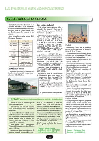 LA PAROLE AUX ASSOCIATIONS
ECOLE PUBLIQUE LA GLYCINE
Notre école s'appelle désormais « La
Glycine » ! En effet, c'est le nom retenu par le conseil municipal parmi ceux
proposés suite au travail mené l'année dernière avec les parents et les
enfants.
Nous accueillons cette année 204
élèves pour 8 classes.
classes

enseignants

TPS /PS /GS

Sylvie Jouny

TPS /PS /GS

Lucile Rétion

TPS / MS

Anne Lauzet et
Hélène Kéromnès
(le mardi)

CP

Michaël Cadoret

Cette année encore, et pour aider à
atteindre les objectifs fixés par le
projet d'école, les classes de l'école
s'ouvriront à la culture :
• spectacles au centre culturel de
Vitré (« THE PUPPETS SHOW » pour
les MS et les GS, «  SENS DESSUS
DESSOUS » pour les CP, «  RENCONTRE AVEC UN SINGE REMARQUABLE  » pour les CE1/CE2,
«  QUAND BUSTER KEATON RENCONTRE LE JAZZ » pour les CE2 et les
CM1, «  FRIC-FRAC L'ARNAQUE  »
pour les CM1/CM2)

Régine Hatton

CE1 / CE2

Des projets culturels

CE2

Anne Chrétien

CM1

Murielle Jacquemin

CM1 / CM2

Christophe Giat
(directeur) et Natacha
Le Bail (le vendredi)

Des travaux réussis
L'extension de la cour et la construction du nouvel ensemble préau / sanitaires ont été réalisées.

• programme CINEJEUNES pour
toutes les classes d'élémentaire avec
des films analysés par un intervenant
spécialisé dans le langage cinématographique («  LE JOUR DES CORNEILLES », « LE DRAGON DES MERS »,
« FRANKENWEENIE », LITTLE BIRD »)
• concert à l'Opéra de Rennes pour les
CE1 et les CE2 : « DE VENISE A BUENOS AIRES »
• partenariat avec le Conservatoire
de Musique de Vitré pour mener un
projet avec deux classes (CE2 et
CM1), sur le thème de l'opposition
ville/campagne
• partenariat avec l'école d'Arts
Plastiques de Vitré pour les élèves
du CE1 au CM2 (4 ateliers par classe)

Un agrandissement très apprécié !

APEAEP Association de Parents d'Elèves et Amis de L'Ecole Publique
L'année de l'APE a démarré par le
traditionnel fest-noz.
Les bénévoles ont accueilli les danseurs à la halle des sports le samedi 9
novembre.
Ce moment reste important dans la
vie de l'association. Il constitue l'occasion d'organiser un évènement culturel de premier plan et permet aux
parents d'élèves (anciens et nouveaux) de se retrouver.
Cette année, les Domagnéens
s'étaient déplacés en nombre. Merci à
toutes et à tous !
Les parents d'élèves se mobiliseront de
nouveau lors du 1er semestre 2014 avec :

- le LOTO le 8 février à la halle des
sports. 2500 € de bons d'achats à
gagner et des lots Saint-Valentin
- le Vide-grenier le 23 mars. N'hésitez
pas à réserver vos emplacements!
Toutes ces manifestations contribuent
au financement des activités pédagogiques pour tous les élèves de l'école.
C'est pourquoi l'investissement de
tous les parents est nécessaire !
L'APE vous souhaite de bonnes
fêtes de fin d'année.
Contact: Yannick Landré
(président) - tél: 02 23 27 21 49
mail: ape.domagne@free.fr

20

PARIS !
Comme il y a deux ans, les 50 élèves
de CM auront la chance de découvrir
Paris, du 10 au 13 juin .
Au programme, des découvertes actives,
animées par les guides des PEP, permettant d'apprendre « ailleurs » :
- Le musée du Louvre (découverte des
œuvres majeures)
- Montmartre (le quartier des artistes)
- Le musée Georges Pompidou (sensibilisation à l'art contemporain)
- La Tour Eiffel (progrès techniques du
XIXème siècle)
- L'Arc de Triomphe (les guerres napoléoniennes, le soldat inconnu)
- Le Museum National d'Histoire Naturelle (grande galerie de l'évolution)
- La Cathédrale Notre-Dame (l'art
gothique)
- Le monument des Invalides (de Louis
XIV à Napoléon)
- Activités pédagogiques complémentaires
Depuis la rentrée, des APC sont
organisées de 16h45 à 17h45. Elles
sont encadrées par les enseignants et
peuvent être de trois ordres :
- soutien scolaire
- accompagnement du travail personnel
- activité en lien avec le projet d'école
Cette nouveauté rencontre beaucoup
de succès ! Les enfants bénéficient ainsi
après la classe d'ateliers variés comme
: théâtre, informatique, musique, arts
plastiques, jeux éducatifs...
Ce dispositif sera reconduit l'an prochain dans le cadre de la réforme des
rythmes scolaires.
A noter : portes ouvertes le vendredi
21 mars de 16h30 à 19h30.
L’équipe enseignante vous souhaite
une bonne année à tous.
Contact : Christophe Giat,
directeur - 02.99.00.01.40

 