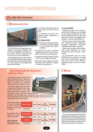ACTIVITÉS MUNICIPALES
Du côté des travaux
Résidence du Chai
La livraison des logements est
prévue pour la fin du mois de
mars.
La résidence du Chai, comprendra douze logements à
loyer modéré. 

Les logements

La construction des logements, sous
maîtrise d’ouvrage d’Habitat 35,
ainsi que la réhabilitation de l’ancienne maison Raison, propriété du
CCAS, sont en voie d’achèvement.
L’aménagement de la voirie interne
de la résidence (dénommée impasse
du Chai) ainsi que le reprofilage de la
rue Louis Raison sont programmés
pour janvier/février.

• 8 logements de type 2 (surface comprise entre 55 m² et 59
m², prix compris entre 260 €
et 300 €),
• 3 logements de type 3 (surface
comprise entre 71 m² et 76 m², prix :
365 € environ), tous de plain-pied.
• 1 logement de type 3 duplex (surface : 85 m², prix : 400 € par mois).
• Un local à usage collectif sera mis à
disposition des résidents, l’Espace
« Louise et Louis Raison ».

La convivialité
L’objectif des élus est de créer, au
sein de cette résidence, une véritable
vie de groupe permettant de lutter
contre l’isolement. Pour ce faire, des
rencontres seront encouragées dans
l’Espace «  Louise et Louis Raison ».
Divers services pourront être facilités  : portage de repas, téléalarme,
transport spécifique, rencontres
intergénérationnelles, animation.
N’ayant pas vocation à être médicalisée, cette résidence ne pourra
accueillir que des personnes autonomes.
Les réservations sont en cours.
N’hésitez pas à contacter la mairie
pour tout renseignement pouvant
vous aider dans votre réflexion.
Quelques places sont encore disponibles.

Chalet

Salle communale de Chaumeré :
salle du Tilleul
La construction de la salle communale de Chaumeré qui a débuté cet
été avance conformément au planning. La livraison du bâtiment
devrait avoir lieu en début d’année.
Ce nouvel équipement permettra
d’organiser à Chaumeré des réceptions et cérémonies. Cette salle
communale, d’une capacité de 60
personnes assises, permettra également de
répondre aux demandes des associations et sera ouverte à la location
des Domagnéens et Chaumeréens. Elle sera gérée suivant le même principe que les salles de Domagné.
Dans cette optique,
le conseil municipal
a fixé les tarifs de
location de la salle
du Tilleul :
Pour rappel : tarifs de
location des autres
salles communales
Mise à disposition
gratuite pour les
associations locales.

Salle du Tilleul
Particuliers

Salle des fêtes
Particuliers

Chalet
Particuliers

Vin
1 Jour 2 Jours d’honneur
80 €

120 €

30 €

Vin
1 Jour 2 Jours d’honneur
100 €

140 €

40 €

Vin
1 Jour 2 Jours d’honneur
70 €

100 €

30 €

4

Chauffage
10 €

Chauffage
10 €
Chauffage
8€

Les travaux de rénovation des joints
des façades du bâtiment communal Le
Chalet sont en cours de réalisation par
le service technique de la commune. Ce
bâtiment sera ainsi en meilleure harmonie avec la mairie et la Grange.

 