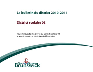 Le bulletin du district 2010-2011

District scolaire 03


Taux de réussite des élèves du District scolaire 03
aux évaluations du ministère de l'Éducation
 