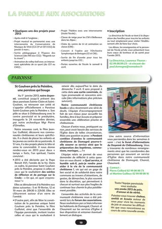 16
LA PAROLE AUX ASSOCIATIONSLA PAROLE AUX ASSOCIATIONS
LES OUFS LAN
L’association Les Oufs
Lan, est une association
créée début 2011 dont le
but est d’organiser des
week-ends de LAN (Local
Area Network) party.
Autrement dit, de jeux
informatiques en réseau
local où chaque participant
amène son ordinateur et de
quoi se connecter au réseau,
fourni et géré par l’associa-
tion.
Nous disposons pour l'expérience de
jeu de 3 serveurs de jeux, ainsi qu'un
serveur/routeur performant dédié à
la gestion d'internet et un réseau per-
formant.
Nous organisons en moyenne 3
manifestations par an, au cours des-
quelles nous invitons toutes per-
sonnes curieuses de ce type d’événe-
ment à venir nous rencontrer et
découvrir notre activité. Nous avons
déjà organisé 5 événements à
Domagné depuis la création de l’as-
sociation, la Oufs Lan #6 aura lieu le
week-end du 8 au 10 févier (salle des
fêtes). A titre indicatif, à la dernière
Lan, nous étions 50 joueurs venus de
Bretagne, de la région parisienne,
Poitou Charente, etc.
De même, nous disposons désor-
mais d'un accès internet à la salle des
fêtes (indispensable pour jouer
aux nouveaux jeux). Ces week-
ends sont aussi l’occasion
d’échanger sur nos expériences
de jeux avec des amis et les
nouvelles personnes qui sont
de plus en plus nombreuses à
nous rejoindre, et ainsi, rompre
la barrière impersonnelle
propre aux rencontres sur
internet.
Les jeux joués durant ces week-
ends peuvent êtres classés en quatre
types de jeux€: les jeux de voitures, de
stratégie, de rôles et de guerre.
Pour toutes questions ou tous ren-
seignements complémentaires, nous
vous invitons à visiter notre site
internet€:
www.oufs-lan.org , ou à nous
contacter par courriel à l’adresse
suivante€: contact@oufs-lan.org
TENNIS
L’année sportive 2012-2013 a
déjà bien démarré.
C’est toujours Marie (professeur
diplômée d’état) qui donne les cours,
fidèle depuis la première heure et cela
fait déjà 4 ans. Pour cette saison, il y a
des cours le mardi soir, mercredi
matin et vendredi soir.
La première partie de la saison voit
les jeunes jouer en championnat indi-
viduel. Le championnat par équipes
aura lieu en deuxième partie de saison.
Zoom sur les animations et les
stages€:
Nous essayons de dynamiser la vie
de l’association en proposant à diffé-
rents moments de l’année des anima-
tions et des stages.
Les animations€:
Alors pour cette saison voici ce que
nous avons prévu€:
• Sortie à L’Open de Rennes€ :
Plusieurs joueurs du top100 seront
présents
• Wimbledon à Domagné€: Sur le ter-
rain synthétique en face la mairie
(en fonction de la météo)
• Animation P’tits Loups
- Pour être «€ p’tits loups€ » il faut
avoir de 6 à 9 ans (2003/2006)
- Animations et jeux sur les cours
- Le but de cette animation est de
s’amuser€ … donc animation sur les
courts à GOGO
• Animation parents/enfants€ :
Ouverte à tous (adhérents ou non)
• Rassemblement «€ Demoiselles »
(des jeux «€Fun€»)€: Nous regroupons
les différents groupes filles
• J’invite mes copines
• Le «€Tennis un sport pour Tous€»
• Fête de l’école de Tennis en fin
d’année
Les stages€:
Nous mettons en place différentes
formules à toutes les vacances sco-
laires€:
Cela peut être 3 séances d’1h ou
1h30
Ou des stages sous la forme de 2
demi-journées et une journée entiè-
re avec pique-nique. Les jeunes
aiment bien cette formule qui asso-
cie la convivialité avec le pique-
nique.
N’hésitez pas à prendre contact
avec nous€:
tennis.domagne@gmail.com
Corinne Benon€: 06.84.15.29.74

!$#()!$$#()%'%'$))%%($
()%'(!')('
 