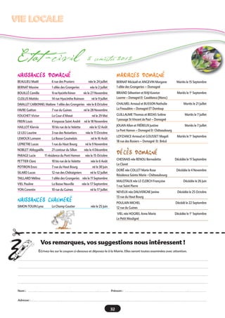 Une rencontre conviviale était organisée le 7 juillet
dernier avec les élus et les nouveaux habitants du
lotissement du Poirier. L’objectif était de marquer la
fin des travaux et d’établir un premier contact avec
les résidents. A cette occasion, afin d’encourager
l’utilisation des sentiers et les moyens de transport
non polluants, trois familles se sont vues remettre un
vélo, après tirage au sort.
Classe d’éveil musical
Depuis le mois de septembre, neuf enfants bénéfi-
cient à Domagné de l’animation proposée par une
musicienne intervenante du Conservatoire de
musique de Vitré. Ce cours d'éveil propose une
approche sensorielle et ludique de la musique. Il s'ap-
puie sur des jeux collectifs : corps, voix, instruments.
Les enfants de moyenne et grande section de mater-
nelle explorent ainsi€les premières notions musicales.
Repas annuel du CCAS
Le repas annuel offert par le CCAS aux personnes deplus de 70 ans de la commune, s’est déroulé samedi 13octobre. Plus de 110 personnes ont répondu à l’invitationet ont ainsi pu partager un bon moment de convivialitéet d’échange. Parmi les participants, citons Marie Pyrka(99 ans) et Raymond Coudray (90 ans), les doyens.
A noter dès à présent€: le prochain repas annuel du
CCAS aura lieu samedi 12 octobre 2013.
  
Jean-Yves Fraquet, le nouveau sous-préfet de l’arrondissement
Fougères-Vitré a été reçu en mairie le 13 décembre à l’occasion de
la réunion des maires du canton. Ce fut également l’occasion de
visiter deux entreprises locales : la cidrerie et la Coopédom.

 