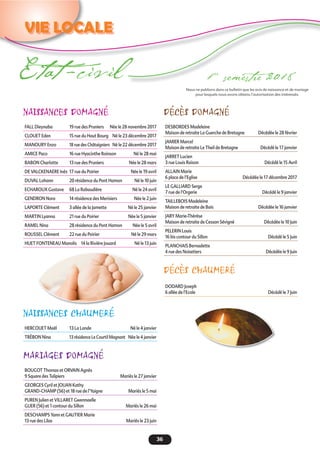 36
VIE LOCALE
Etat -civil 1er
semestre 2018
NAISSANCES DOMAGNÉ
FALL Dieynaba 19 rue des Pruniers Née le 28 novembre 2017
CLOUET Eden 15 rue du Haut Bourg Né le 23 décembre 2017
MANOURY Enzo 18 rue des Châtaigniers Né le 22 décembre 2017
AMICE Paco 16 rue Hyacinthe Roinson Né le 28 mai
BABON Charlotte 13 rue des Pruniers Née le 28 mars
DE VALCKENAERE Inès 17 rue du Poirier Née le 19 avril
DUVAL Lohann 20 résidence du Pont Hamon Né le 10 juin
ECHAROUX Gustave 68 La Rabaudière Né le 24 avril
GENDRON Nora 14 résidence des Merisiers Née le 2 juin
LAPORTE Clément 3 allée de la Jamette Né le 25 janvier
MARTIN Lyanna 21 rue du Poirier Née le 5 janvier
RAMEL Nina 28 résidence du Pont Hamon Née le 5 avril
ROUSSEL Clément 22 rue du Poirier Né le 29 mars
HUET FONTENEAU Manolis 14 la Rivière Jouard Né le 13 juin
NAISSANCES CHAUMERÉ
HERCOUET Maël 13 La Lande Né le 4 janvier
TRÉBON Nina 13 résidence Le Courtil Magnant Née le 4 janvier
MARIAGES DOMAGNÉ
BOUGOT Thomas et ORVAIN Agnès
9 Square des Tulipiers Mariés le 27 janvier
GEORGES Cyril et JOUAN Kathy
GRAND-CHAMP (56) et 18 rue de l’Yaigne Mariés le 5 mai
PUREN Julien et VILLARET Gwennaelle
GUER (56) et 1 contour du Sillon Mariés le 26 mai
DESCHAMPS Yann et GAUTIER Marie
13 rue des Lilas Mariés le 23 juin
DÉCÈS DOMAGNÉ
DESBORDES Madeleine
Maison de retraite La Guerche de Bretagne Décédée le 28 février
JAMIER Marcel
Maison de retraite Le Theil de Bretagne Décédé le 17 janvier
JARRET Lucien
3 rue Louis Raison Décédé le 15 Avril
ALLAIN Marie
6 place de l’Eglise Décédée le 17 décembre 2017
LE GALLIARD Serge
7 rue de l’Orgerie Décédé le 9 janvier
TAILLEBOIS Madeleine
Maison de retraite de Bais Décédée le 16 janvier
JARY Marie-Thérèse
Maison de retraite de Cesson Sévigné Décédée le 10 Juin
PELERIN Louis
16 bis contour du Sillon Décédé le 5 Juin
PLANCHAIS Bernadette
4 rue des Noisetiers Décédée le 9 Juin
DÉCÈS CHAUMERÉ
DODARD Joseph
6 allée de l’Ecole Décédé le 7 Juin
Nous ne publions dans ce bulletin que les avis de naissance et de mariage
pour lesquels nous avons obtenu l’autorisation des intéressés.
 