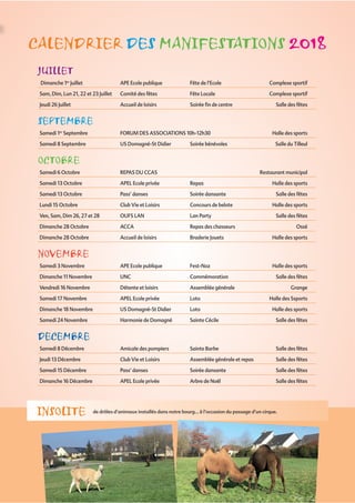 JUILLET
Dimanche 1er
Juillet APE Ecole publique Fête de l’Ecole Complexe sportif
Sam, Dim, Lun 21, 22 et 23 Juillet Comité des fêtes Fête Locale Complexe sportif
Jeudi 26 Juillet Accueil de loisirs Soirée ﬁn de centre Salle des fêtes
SEPTEMBRE
Samedi 1er
Septembre FORUM DES ASSOCIATIONS 10h-12h30 Halle des sports
Samedi 8 Septembre US Domagné-St Didier Soirée bénévoles Salle du Tilleul
OCTOBRE
Samedi 6 Octobre REPAS DU CCAS Restaurant municipal
Samedi 13 Octobre APEL Ecole privée Repas Halle des sports
Samedi 13 Octobre Pass’ danses Soirée dansante Salle des fêtes
Lundi 15 Octobre Club Vie et Loisirs Concours de belote Halle des sports
Ven, Sam, Dim 26, 27 et 28 OUFS LAN Lan Party Salle des fêtes
Dimanche 28 Octobre ACCA Repas des chasseurs Ossé
Dimanche 28 Octobre Accueil de loisirs Braderie Jouets Halle des sports
NOVEMBRE
Samedi 3 Novembre APE Ecole publique Fest-Noz Halle des sports
Dimanche 11 Novembre UNC Commémoration Salle des fêtes
Vendredi 16 Novembre Détente et loisirs Assemblée générale Grange
Samedi 17 Novembre APEL Ecole privée Loto Halle des Ssports
Dimanche 18 Novembre US Domagné-St Didier Loto Halle des sports
Samedi 24 Novembre Harmonie de Domagné Sainte Cécile Salle des fêtes
DECEMBRE
Samedi 8 Décembre Amicale des pompiers Sainte Barbe Salle des fêtes
Jeudi 13 Décembre Club Vie et Loisirs Assemblée générale et repas Salle des fêtes
Samedi 15 Décembre Pass’ danses Soirée dansante Salle des fêtes
Dimanche 16 Décembre APEL Ecole privée Arbre de Noël Salle des fêtes
CALENDRIER DES MANIFESTATIONS 2018
INSOLITE de drôles d’animaux installés dans notre bourg… à l’occasion du passage d’un cirque.
 