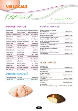 36
VIE LOCALE
Etat -civil 1er
semestre 2019
NAISSANCES DOMAGNÉ
BAUDAIN Pavel	 22 La Grande Neuville	 Né le 10 décembre 2018
BESSET Elouan	 6 rue de la Vialerie	 Né le 11 décembre 2018
BRAJON LISTUNOVA Margarita 4 rue de l’Yaigne	 Née le 25 février
CUREAU Naëlle	 23 Jumelle	 Née le 14 mai
DEFRUIT Jules	 3 rue de la Valette	 Né le 25 janvier
DEGORGUE Valentine	 13 résidence des Merisiers	 Née le 15 mars
EL K’HIEL Salim	 21 rue des Lilas	 Né le 10 avril
FADIER Youna	 2 square des Magnolias	 Née le 10 février
GAOUYER Elwina	 8 allée des Peupliers	 Née le 3 mai
GUILLARD Maelan	 9 rue du Guines	 Né le 3 avril
HAMEL Malone	 10 rue du Poirier	 Né le 16 avril
LEBLANC Elie	 38 La Bougraie	 Née le 13 mars
LION Gauthier	 5 Le Chalonge	 Né le 15 décembre 2018
MUNIZ Capucine	 La Blandinière	 Née le 30 janvier
MUNIZ Olivia	 La Blandinière	 Née le 30 janvier
PARAGE Armand	 56 La Noë Rougeul	 Né le 15 mars
PARAGE Louis	 56 La Noë Rougeul	 Né le 15 mars
PINEAU Augustin	 28 La Haute Pochardière	 Né le 16 janvier
TAILLARD Loïs	 10 rue de la Poste	 Né le 8 avril
NAISSANCES CHAUMERÉ
CHEVRIER Madeleine	 23 La Claye	 Née le 9 avril
GUILLOIS Léon	 4 allée de l’Ecole	 Né le 14 février
MARIAGES DOMAGNÉ
BABON Cyrille et LE GAL Mathilde	
13 rue des Pruniers		 Mariés le 8 juin
BELFORT Jonathan et MORAUX Pauline	
Rennes et 9 rue des Perrières 	 Mariés le 10 mai
COEURJOLI Morgan et PIHOURD Lucie	
Sceaux/Huisne (72) et 12 La Houillère 	 Mariés le 18 mai
JAHIER Julien et PLANCHENAULT Adeline
13 rue des Noisetiers		 Mariés le 27 avril
LOISEAU Thierry et FONTAINE Marion	
14 Contour du Sillon		 Mariés le 4 mai
RENAULT Nicolas et GOUALIN Justine	
3 La Blinière		 Mariés le 15 juin
RUAUX Nicolas et CALVIGNAC Morgane 	
3 rue de la Valette		 Mariés le 15 juin
DÉCÈS DOMAGNÉ
CHAUVIN Henri			
1 rue de l’Orgerie		 Décédé le 1er juin
COUDRAY Raymond		
8 rue de la Poste		 Décédé le 6 juin
DESBOIS Anne-Lise		
10 bis rue de la Valette		 Décédée le 1er février
GOMMELET Jean-François	
La Hautière		 Décédé le 7 janvier
JOLIVET Andrée		
17 La Chine		 Décédée le 28 février
VETIER Joseph		
Maison de retraite de Châteaubourg	 Décédé le 30 décembre 2018
Nous ne publions dans ce bulletin que les avis de naissance et de mariage
pour lesquels nous avons obtenu l’autorisation des intéressés.
 