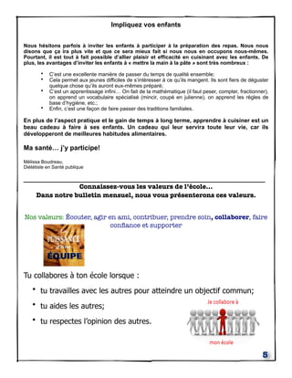 Impliquez vos enfants
Nous hésitons parfois à inviter les enfants à participer à la préparation des repas. Nous nous
disons que ça ira plus vite et que ce sera mieux fait si nous nous en occupons nous-mêmes.
Pourtant, il est tout à fait possible d’allier plaisir et efficacité en cuisinant avec les enfants. De
plus, les avantages d’inviter les enfants à « mettre la main à la pâte » sont très nombreux :
• C’est une excellente manière de passer du temps de qualité ensemble;
• Cela permet aux jeunes difficiles de s’intéresser à ce qu’ils mangent. Ils sont fiers de déguster
quelque chose qu’ils auront eux-mêmes préparé;
• C’est un apprentissage infini… On fait de la mathématique (il faut peser, compter, fractionner),
on apprend un vocabulaire spécialisé (mincir, coupé en julienne), on apprend les règles de
base d’hygiène, etc.;
• Enfin, c’est une façon de faire passer des traditions familiales.
En plus de l’aspect pratique et le gain de temps à long terme, apprendre à cuisiner est un
beau cadeau à faire à ses enfants. Un cadeau qui leur servira toute leur vie, car ils
développeront de meilleures habitudes alimentaires.
Ma santé… j’y participe!
Mélissa Boudreau,
Diététiste en Santé publique
_________________________________________________________________
Connaissez-vous les valeurs de l’école...
Dans notre bulletin mensuel, nous vous présenterons ces valeurs.
Nos valeurs: Écouter, agir en ami, contribuer, prendre soin, collaborer, faire
conﬁance et supporter
Tu collabores à ton école lorsque :
• tu travailles avec les autres pour atteindre un objectif commun;
• tu aides les autres;
• tu respectes l’opinion des autres.
5
 