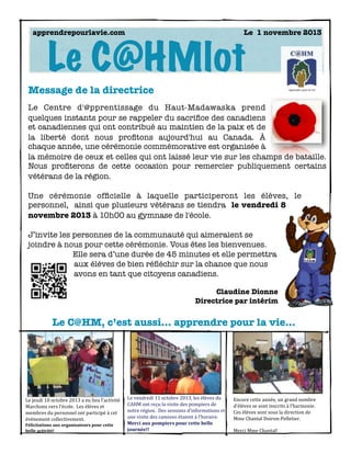 apprendrepourlavie.com	

	

Le 1 novembre 2013

Le C@HMlot
Message de la directrice
Le Centre d'@pprentissage du Haut-Mada...