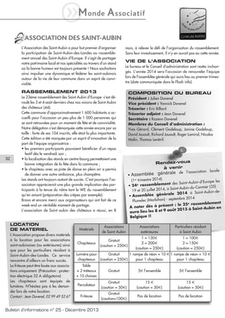 iM

onde

A ssociatif

ASSOCIATION DES SAINT-AUBIN
L’Association des Saint-Aubin a pour but premier d’organiser
la participation de Saint-Aubin-des-Landes au rassemblement annuel des Saint-Aubin d’Europe. Il s’agit de partager
notre patrimoine local et nos spécialités au travers d’un stand
où la bonne humeur est toujours présente ! Nous souhaitons
ainsi impulser une dynamique et fédérer les saint-aubinois
autour de la vie de leur commune dans un esprit de convivialité.

mois, à relever le défi de l’organisation du rassemblement.
Sans leur investissement, il n’y en aurait pas eu cette année.

VIE DE L’ASSOCIATION
Le bureau et le Conseil d’administration sont restés inchangés. L’année 2014 sera l’occasion de renouveler l’équipe
lors de l’assemblée générale qui aura lieu au premier trimestre (date communiquée dans le Flash info).

RASSEMBLEMENT 2013

32

Le 23ème rassemblement des Saint Aubin d'Europe s'est déroulé les 3 et 4 août derniers chez nos voisins de Saint Aubin
des châteaux (44).
Cette commune d’approximativement 1 600 habitants a accueilli pour l’occasion un peu plus de 1 000 personnes qui
se sont retrouvées pour un moment de fête et de convivialité.
Notre délégation s’est démarquée cette année encore par sa
taille : forte de ses 104 inscrits, elle était la plus importante.
Cette édition a été marquée par un esprit d’innovation de la
part de l’équipe organisatrice :
• les premiers participants pouvaient bénéficier d’un repas
festif dès le vendredi soir ;
• la localisation des stands en centre-bourg permettaient une
bonne intégration de la fête dans la commune ;
• le chapiteau avec sa piste de danse en plein air a permis
de donner une autre ambiance, plus champêtre.
Les stands ont toujours autant de succès. C’est pourquoi l’association apprécierait une plus grande implication des participants à la tenue du nôtre tant le WE du rassemblement
qu’en amont (préparation des crêpes par exemple).
Bravo et encore merci aux organisateurs qui ont fait de ce
week-end un véritable moment de partage.
L’association de Saint aubin des châteaux a réussi, en 8

LOCATION
DE MATERIEL
L’Association propose divers matériels
à la location pour les associations
saint-aubinoises (ou extérieures) ainsi
que pour les particuliers résidant à
Saint-Aubin-des-Landes. Ce service
rencontre d’ailleurs un franc succès.
La friteuse peut être louée aux associations uniquement. (Précaution : protection électrique 32 A obligatoire)
Les chapiteaux sont équipés de
lumières. N’hésitez pas à les demander lors de votre location.
Contact : Jean Davenel, 02 99 49 52 67

COMPOSITION DU BUREAU
Président : Julien Davenel
Vice président : Yannick Davenel
Trésorier : Eric Billard
Trésorier adjoint : Jean Davenel
Secrétaire : Rozenn Davenel
Membres du Conseil d’administration :
Yves Gérard, Clément Godeloup, Janine Godeloup,
David Jouault, Richard Jouault, Roger Lamiral, Nicolas
Malin, Thomas Lerétrif.

Rendez-vous
à venir

ale
rale de l’association loc
• Assemblée géné
(1er trimestre 2014)
pe les
t des Saint-Aubin-d’Euro
• 24e rassemblemen
(35)
Saint-Aubin-du-Cormier
19 et 20 juillet 2014, à
ubin-de-A
rale 2014 à Saint
• Assemblée géné
14
tembre 20
Plumelec (Morbihan) - sep
e
blement
ent : le 25 rassem
A noter dès à prés
ubin en
août 2015 à Saint-A
aura lieu les 8 et 9
Belgique !!

Matériels

Associations
de Saint Aubin

Associations
extérieures

Particuliers résidant
à Saint Aubin

Chapiteaux

Gratuit
(caution = 250€)

1 = 130€
2 = 200€
(caution = 250€)

1 = 100€
2 = 150€
(caution = 250€)

Lumière pour
Gratuit
1 rampe de néon = 10 € 1 rampe de néon = 10 €
pour 1 chapiteau
pour 1 chapiteau
chapiteaux (caution = 250€)
Table
+ 2 tréteaux
+ 10 chaises

Gratuit

5€ l’ensemble

5€ l’ensemble

Percolateur

Gratuit
(caution = 50€)

15 €
(caution = 50€)

15 €
(caution = 50€)

Friteuse

Gratuit
(caution=100€)

Pas de location

Pas de location

Bulletin d’informations n° 25 - Décembre 2013

 