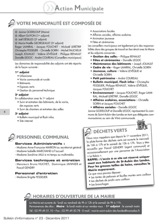 iA             ction       M unicipale
        VOTRE MUNICIPALITÉ EST COMPOSÉE DE
       q Janine GODELOUP (Maire)                                         • Associations locales
       q Albert GUYON (1 adjoint)
                             er                                          • Affaires sociales, affaires scolaires
       q Joël DÉSILLES (2e adjoint)                                      • Animation jeunesse
       q Marie-Noëlle GEORGEAULT (3e adjoint)                            • Fêtes et cérémonies
       Roger LAMIRAL - Jacques FOUCHET - Mickaël LERÉTRIF              Les conseillers municipaux ont également pris des responsa-
       Christophe FESSELIER - Christelle SORIN - Michel FAUCHEUX       bilités dans des groupes de travail en lien étroit avec le Maire
       Joseph JOUAULT - Valérie LÉVÊQUE - Philippe RENAULT             et les adjoints concernés :
       Danielle LEGOC - André COUREAU (Conseillers municipaux)           • Gestion des salles – Philippe RENAULT
                                                                         • Fêtes et cérémonies – Danielle LEGOC
       Les domaines de responsabilité des adjoints ont été répartis      • Maintenance des bâtiments – Joseph JOUAULT
       de la façon suivante :                                            • Cadre de vie – Roger LAMIRAL, Christelle SORIN
       1er adjoint                                                       • Jeunesse, culture – Valérie LEVÊQUE et
        • Urbanisme                                                          Christelle SORIN
        • Voirie communale et rurale                                     • Petit patrimoine – André COUREAU
        • Bâtiments                                                      • Bulletin municipal, Flash infos – Christophe
        • Espaces verts                                                      FESSELIER, Philippe RENAULT, Valérie LÉVÊQUE,
        • Gestion du personnel technique                                     Jacques FOUCHET
                                                                         • Environnement – Jacques FOUCHET, Roger LAMI-
       2e adjoint
                                                                             RAL, Mickaël LERÉTRIF, Danielle LEGOC
       En collaboration avec le 1er adjoint
                                                                         • Affaires scolaires, associations – Christelle
         • Suivi et entretien des bâtiments, de la voirie,
                                                                             SORIN et Jacques FOUCHET
           des espaces verts
                                                                         • Affaires sociales – Danielle LEGOC
         • Suivi de chantiers et entretien des salles
4                                                                      Janine GODELOUP et Danielle LEGOC représentent la com-
       3e adjoint                                                      mune de Saint-Aubin-des-Landes en tant que déléguées com-
        • Bulletin municipal et flash infos                            munautaires au sein de Vitré communauté.
        • Site internet



                                                                            DÉCHETS VERTS
                                                                                                                          2011,
                                                                                              e depuis le 1 novembre
                                                                                                              er
        PERSONNEL COMMUNAL                                            Nous vous rappelons qu                            mercredi
                                                                                              ets verts est ouverte le
                                                                      la plate-forme des déch                              y êtes
       Services Administratifs :                                                               edi de 15h à 17h. Vous
                                                                      de 16h à 17h et le sam                             unal) et
       - Madame Anne-Françoise MARION au secrétariat général                                  GENDRY (agent comm
                                                                       accueillis par Pascal                              ciation
       - Madame Isabelle MARCHAND à l’accueil                                                  une personne de l’Asso
                                                                       occasionnellement par
       - Madame Sandrine JALU à mi-temps au multimédia
                                                                       « Le Relais ».                                   unique-
                                                                                               ce site est réservé
       Services techniques et entretien                                RAPPEL : L’accès à                             s Landes.
                                                                                               s de St-Aubin de
       - Messieurs Bruno HUCHET, Dominique JANNIER et                  ment aux habitant                                ultez la
                                                                                               illes de haies, cons
         Pascal GENDRY                                                  Pour les grosses ta
                                                                                               .
                                                                        Mairie auparavant
                                                                                               poser :
       Personnel d’entretien                                            Ce que vous pouvez dé                             cailloux
                                                                                                  et feuilles mortes sans
       - Madame Brigitte FESSELIER.                                     • Les tontes de pelouses
                                                                                                 sans cailloux
                                                                        • Les déchets de jardin
                                                                         • Les branchages



                        HORAIRES D’OUVERTURE DE LA MAIRIE
                    La Mairie est ouverte du lundi au vendredi de 9h à 12h et le samedi de 9h à 11h.
                    Permanences des élus : Maire : le lundi matin et sur rendez-vous - 1er adjoint : le samedi matin
                    Tél : 02.99.49.51.10 – Fax : 02.99.49.50.78 - E-mail : mairie-saint-aubin-des-landes@wanadoo.fr

Bulletin d’informations n° 23 - Décembre 2011
 