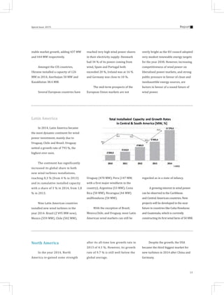 13
ReportSpecial Issue 2015
stable market growth, adding 437 MW
and 444 MW respectively.
Amongst the CIS countries,
Ukraine installed a capacity of 126
MW in 2014, Azerbaijan 50 MW and
Kazakhstan 38.4 MW.
Several European countries have
reached very high wind power shares
in their electricity supply: Denmark
had 34 % of its power coming from
wind, Spain and Portugal both
exceeded 20 %, Ireland was at 16 %
and Germany was close to 10 %.
The mid-term prospects of the
European Union markets are not
overly bright as the EU council adopted
very modest renewable energy targets
for the year 2030. However, increasing
competitiveness of wind power on
liberalised power markets, and strong
public pressure in favour of clean and
inexhaustible energy sources, are
factors in favour of a sound future of
wind power.
Latin America
In 2014, Latin America became
the most dynamic continent for wind
power investment, mainly due to
Uruguay, Chile and Brazil. Uruguay
netted a growth rate of 793 %, the
highest ever seen.
The continent has significantly
increased its global share in both
new wind turbines installations,
reaching 8,3 % (from 4 % in 2013)
and in cumulative installed capacity
with a share of 3 % in 2014, from 1,8
% in 2013.
Nine Latin American countries
installed new wind turbines in the
year 2014: Brazil (2’495 MW new),
Mexico (559 MW), Chile (502 MW),
Uruguay (470 MW), Peru (147 MW,
with a first major windfarm in the
country), Argentina (53 MW), Costa
Rica (50 MW), Nicaragua (44 MW)
andHonduras (50 MW).
With the exception of Brazil,
Mexico,Chile, and Uruguay, most Latin
American wind markets can still be
regarded as in a state of infancy.
A growing interest in wind power
can be observed in the Caribbean
and Central American countries. New
projects will be developed in the near
future in countries like Cuba Honduras
and Guatemala, which is currently
constructing its first wind farm of 50 MW.
North America
In the year 2014, North
America re-gained some strength
after its all-time low growth rate in
2013 of 4.1 %. However, its growth
rate of 9.7 % is still well below the
global average.
Despite the growth, the USA
became the third biggest market for
new turbines in 2014 after China and
Germany.
 