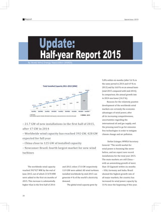 20
Report Special Issue 2015
The worldwide wind capacity
reached 392’927 MW by the end of
June 2015, out of which 21’678 MW
were added in the first six months of
2015. This increase is substantially
higher than in the first half of 2014
and 2013, when 17.6 GW respectively
13.9 GW were added. All wind turbines
installed worldwide by mid-2015 can
generate 4 % of the world’s electricity
demand.
The global wind capacity grew by
5.8% within six months (after 5.6 % in
the same period in 2014 and 4.9 % in
2013) and by 16.8 % on an annual basis
(mid-2015 compared with mid-2014).
In comparison, the annual growth rate
in 2014 was lower (16.5 %).
Reasons for the relatively positive
development of the worldwide wind
markets are certainly the economic
advantages of wind power, after
all its increasing competitiveness,
uncertainties regarding the
international oil and gas supply, and
the pressing need to go for emission
free technologies in order to mitigate
climate change and air pollution.
Stefan Gsänger, WWEA Secretary
General: “The world market for
wind power is booming like never
before, and we expect new record
installations for the total year 2015.
The main markets are still China –
with an astonishing growth of more
than 10 Gigawatt within six months
– USA, Germany and India. Brazil
showed the highest growth rate of
all major markets, the country has
increased its wind power capacity by
14 % since the beginning of this year.
– 21.7 GW of new installations in the first half of 2015,
after 17 GW in 2014
– Worldwide wind capacity has reached 392 GW, 428 GW
expected for full year
– China close to 125 GW of installed capacity
– Newcomer Brazil: fourth largest market for new wind
turbines
By World Wind Energy Association (WWEA)
Update:
Half-year Report 2015
 