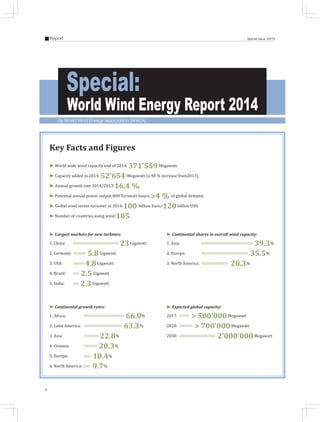 4
Report Special Issue 2015
By World Wind Energy Association (WWEA)
Special:
World Wind Energy Report 2014
Key Facts and Figures
➤ World wide wind capacity end of 2014: 371’559Megawatt.
➤ Capacity added in 2014: 52’654 Megawatt (a 48 % increase from2013).
➤ Annual growth rate 2014/2013:16.4 %.
➤ Potential annual power output:800 Terawatt hours, >4 % of global demand.
➤ Global wind sector turnover in 2014:100 billion Euro/120billion USD.
➤ Number of countries using wind:105.
➤ Largest markets for new turbines:
1. China:	 23Gigawatt
2. Germany:	 5.8Gigawatt
3. USA:	 4.8Gigawatt
4. Brazil:	 2.5Gigawatt
5. India:	 2.3Gigawatt
➤ Continental shares in overall wind capacity:
1. Asia: 	 39.3%
2. Europe: 	 35.5%
3. North America: 	 20.3%
➤ Continental growth rates:
1. Africa:	 66.0%
2. Latin America: 	 63.3%
3. Asia:	 22.8%
4. Oceania:	 20.3%
5. Europe:	 10.4%
6. North America:	 9.7%
➤ Expected global capacity:
2017:	 > 500’000Megawatt
2020: 	 > 700’000Megawatt
2030: 	 2’000’000Megawatt
 