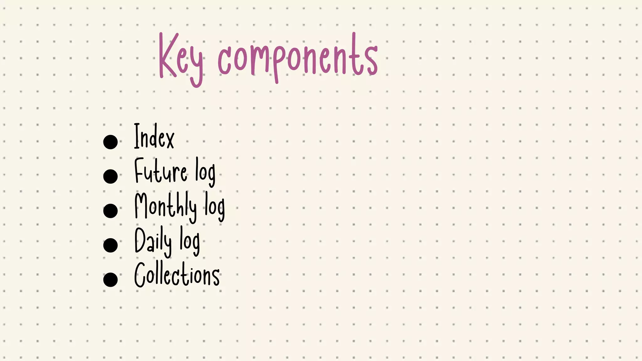 Key components
• Index

• Future log

• Monthly log

• Daily log

• Collections
 