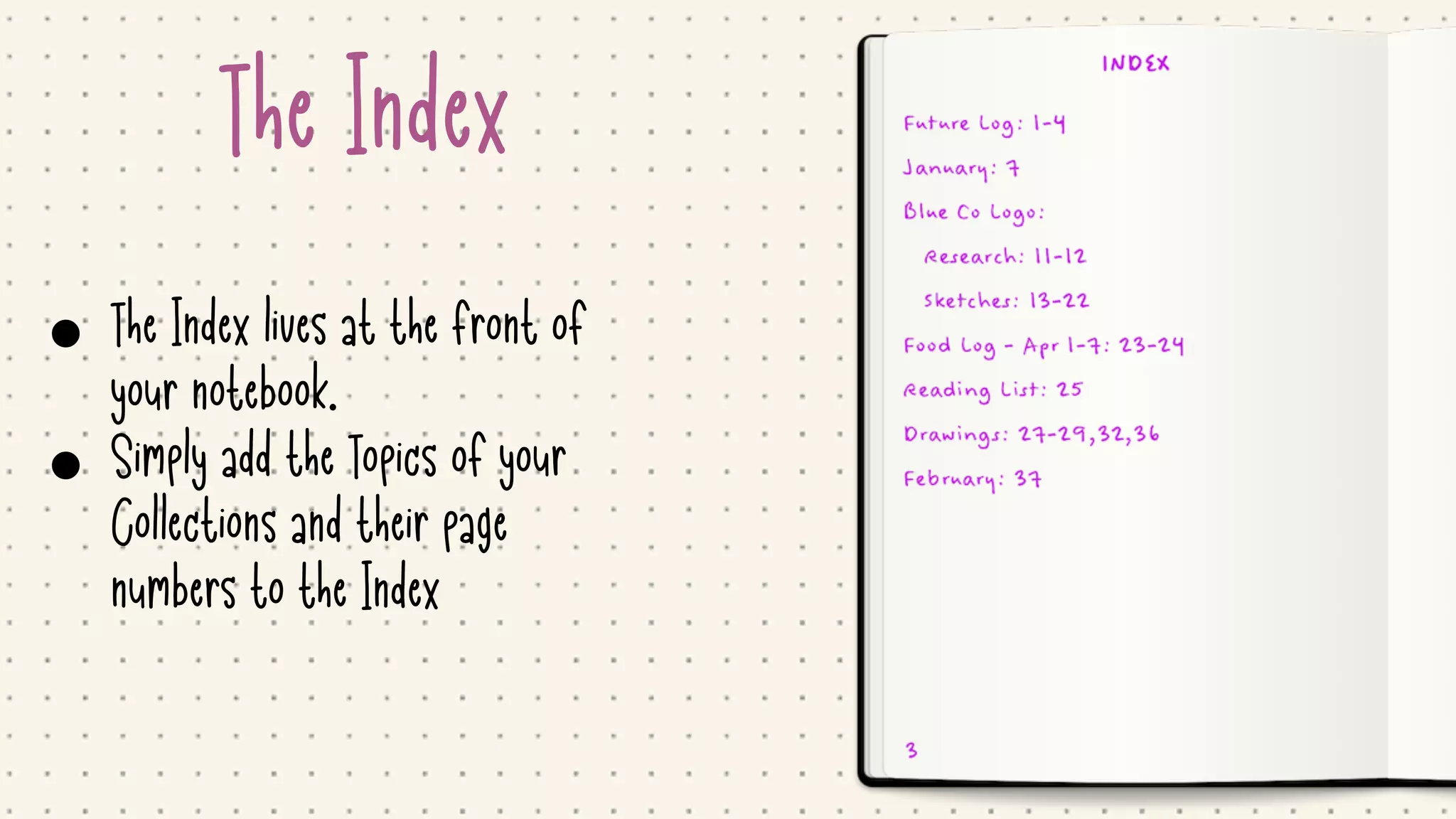 The Index
• The Index lives at the front of
your notebook.

• Simply add the Topics of your
Collections and their page
numbers to the Index
 