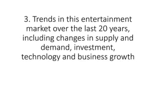 3. Trends in this entertainment
market over the last 20 years,
including changes in supply and
demand, investment,
technology and business growth
 