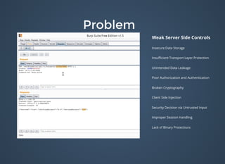 ProblemProblem
Weak Server Side Controls
Insecure Data Storage
Insuﬃcient Transport Layer Protection
Unintended Data Leakage
Poor Authorization and Authentication
Broken Cryptography
Client Side Injection
Security Decision via Untrusted Input
Improper Session Handling
Lack of Binary Protections
 