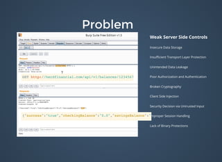 ProblemProblem
Weak Server Side Controls
Insecure Data Storage
Insuﬃcient Transport Layer Protection
Unintended Data Leakage
Poor Authorization and Authentication
Broken Cryptography
Client Side Injection
Security Decision via Untrusted Input
Improper Session Handling
Lack of Binary Protections
GET http://herdfinancial.com/api/v1/balances/1234567899/
{"success":"true","checkingBalance":"0.0","savingsBalance":"0.0"}
 