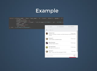 ExampleExample
"actor": {“first_name": "Rita","last_name": "D.","title": "Rita D.","gender": "F",
"is_mvp": false,
"preferred_brand": 32,
"_links": {"self": [{"href": "/v7.0/user/3273986/","id": "3273986"}]},
"type": "user",
"friendship": null,
"id": 3273986
},"id": "1-3273986-9-1440092847",
 