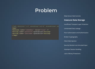 ProblemProblem
Weak Server Side Controls
Insecure Data Storage
Insuﬃcient Transport Layer Protection
Unintended Data Leakage
Poor Authorization and Authentication
Broken Cryptography
Client Side Injection
Security Decision via Untrusted Input
Improper Session Handling
Lack of Binary Protections
<?xml version='1.0' encoding='utf-8' standalone='yes' ?>
<map>
<boolean name="remember" value="true" />
<string name="password">goatdroid</string>
<string name="username">goatdroid</string>
</map>
 